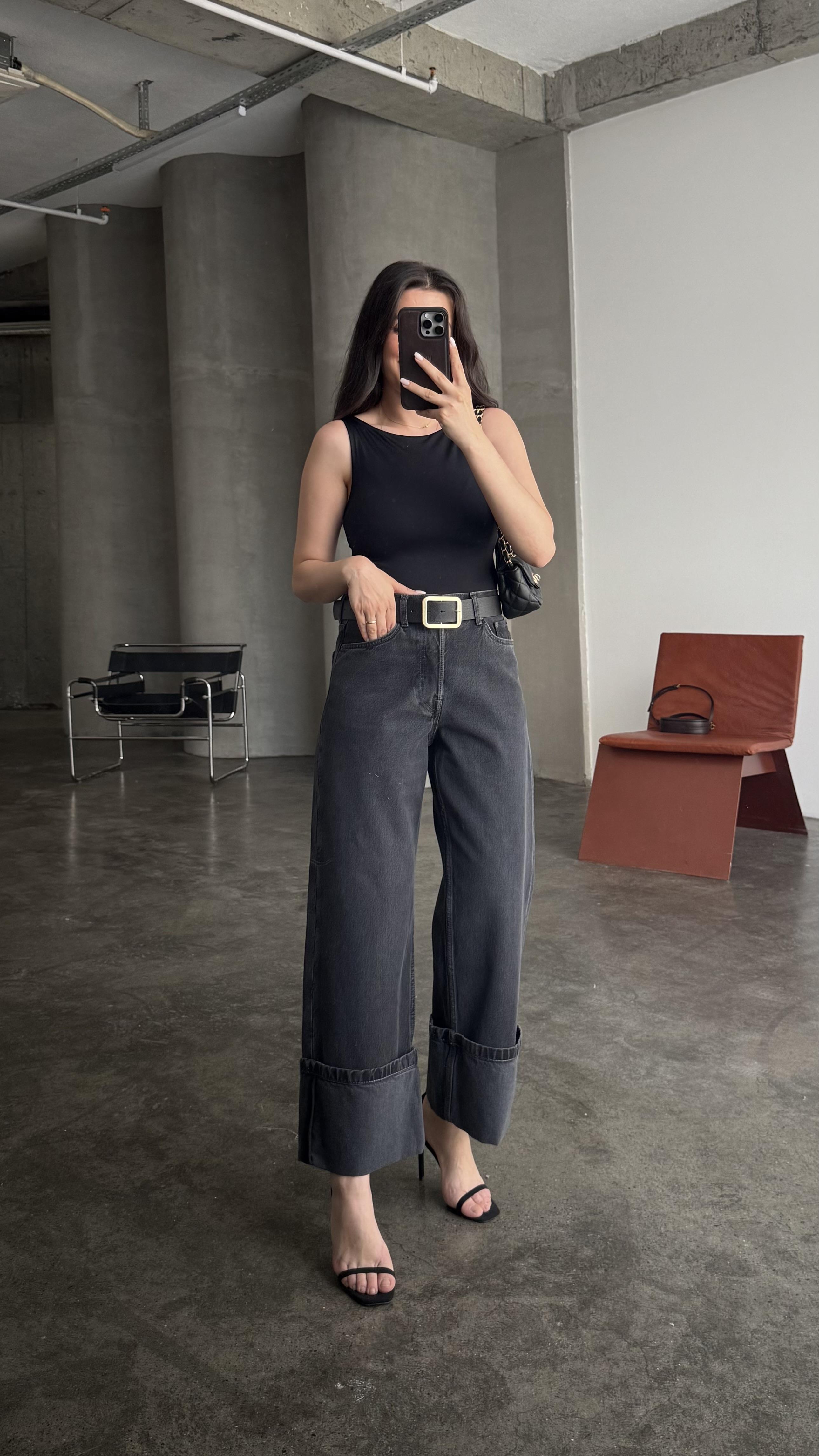 Cas Antrasit Paça Detaylı Wide Lige Jean