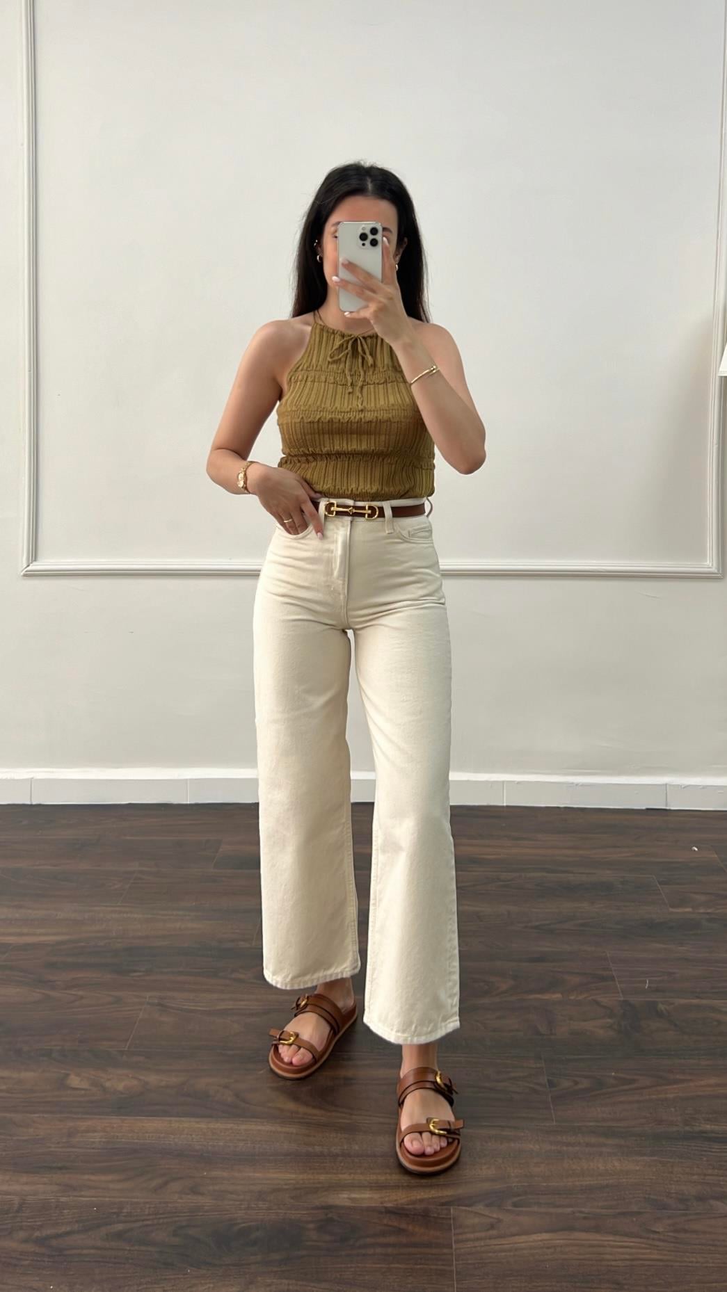 Cas Ekru Keten Görünümlü Wide Leg Jean