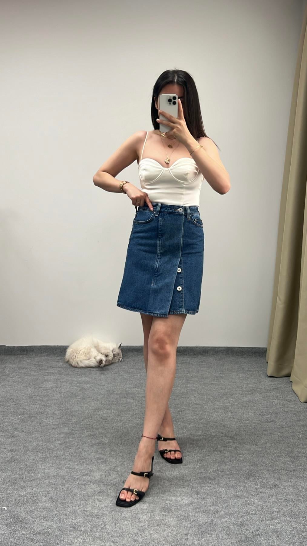 Cas Gizli Düğme Detay Denim Etek