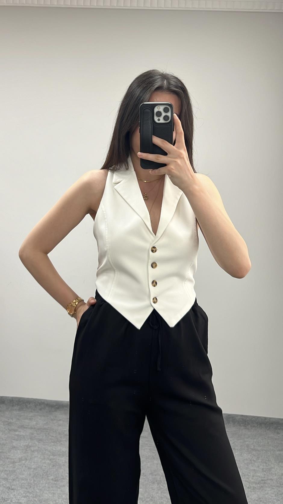 Charlie Ekru  Arkadan Bağlamalı Yelek