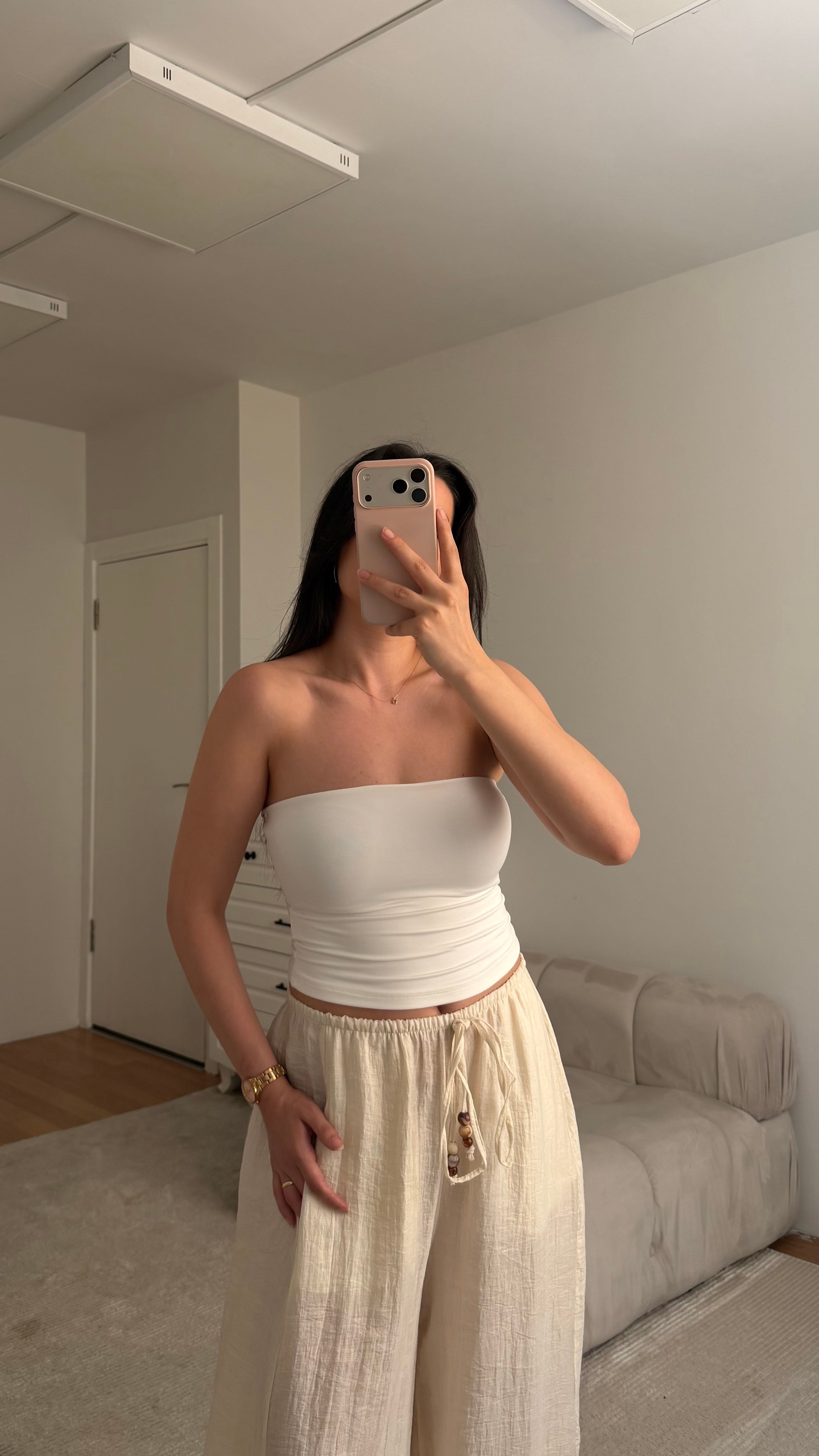 Çift Katlı Beyaz Straplez Crop