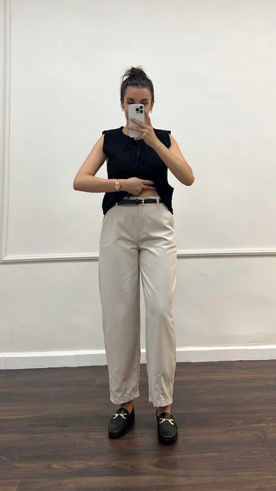 Cos Model Bej Kemerli Poplin Pantolon