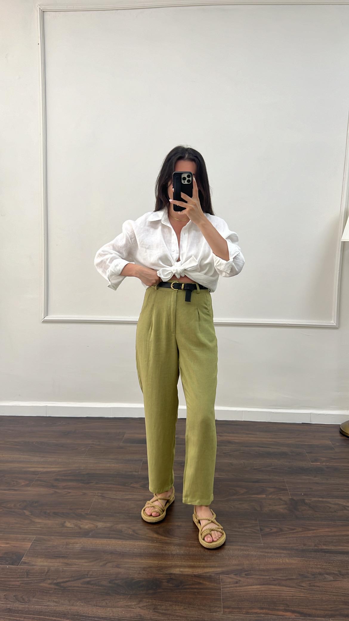 Daks Olive Kemerli Ham Keten Mom Pantolon