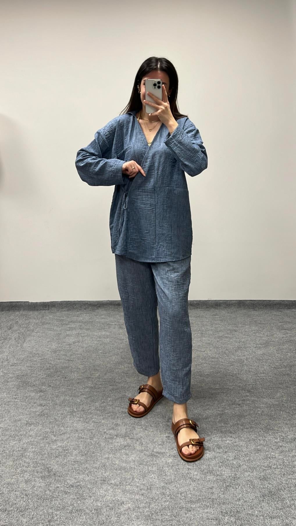 DENİ MAVİ GOFRE KİMONA TAKIM