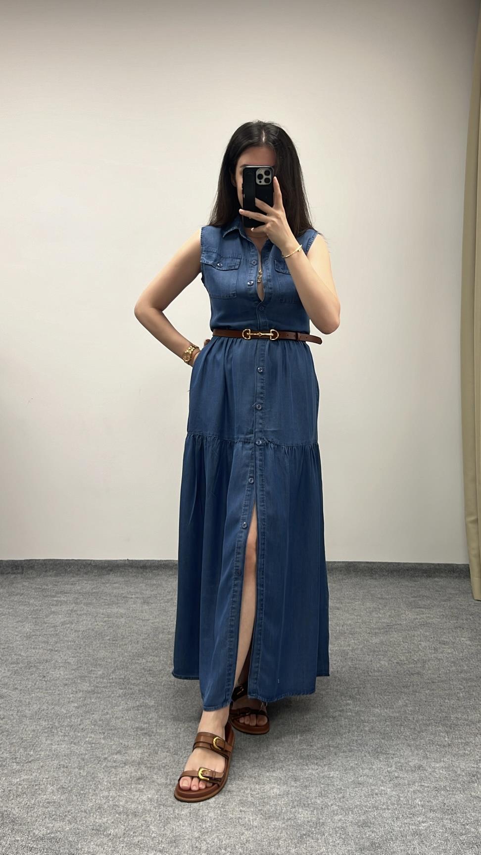 Denim Koyu Mavi %100 Tensel Kolsuz Elbise