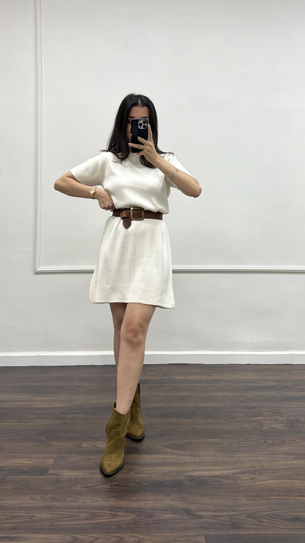 Dina Ekru Basıc Triko Elbise