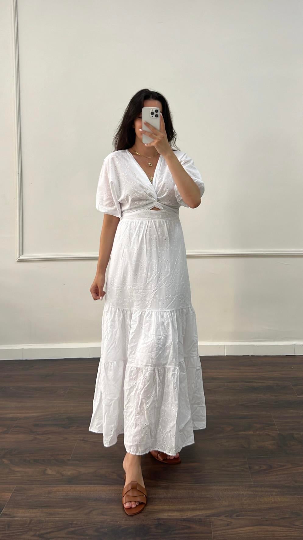 Dips Beyaz Kruvaze Yaka iste Elbise