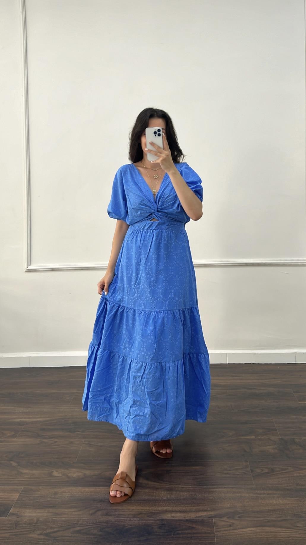 Dips Mavi Kruvaze Yaka iste Elbise