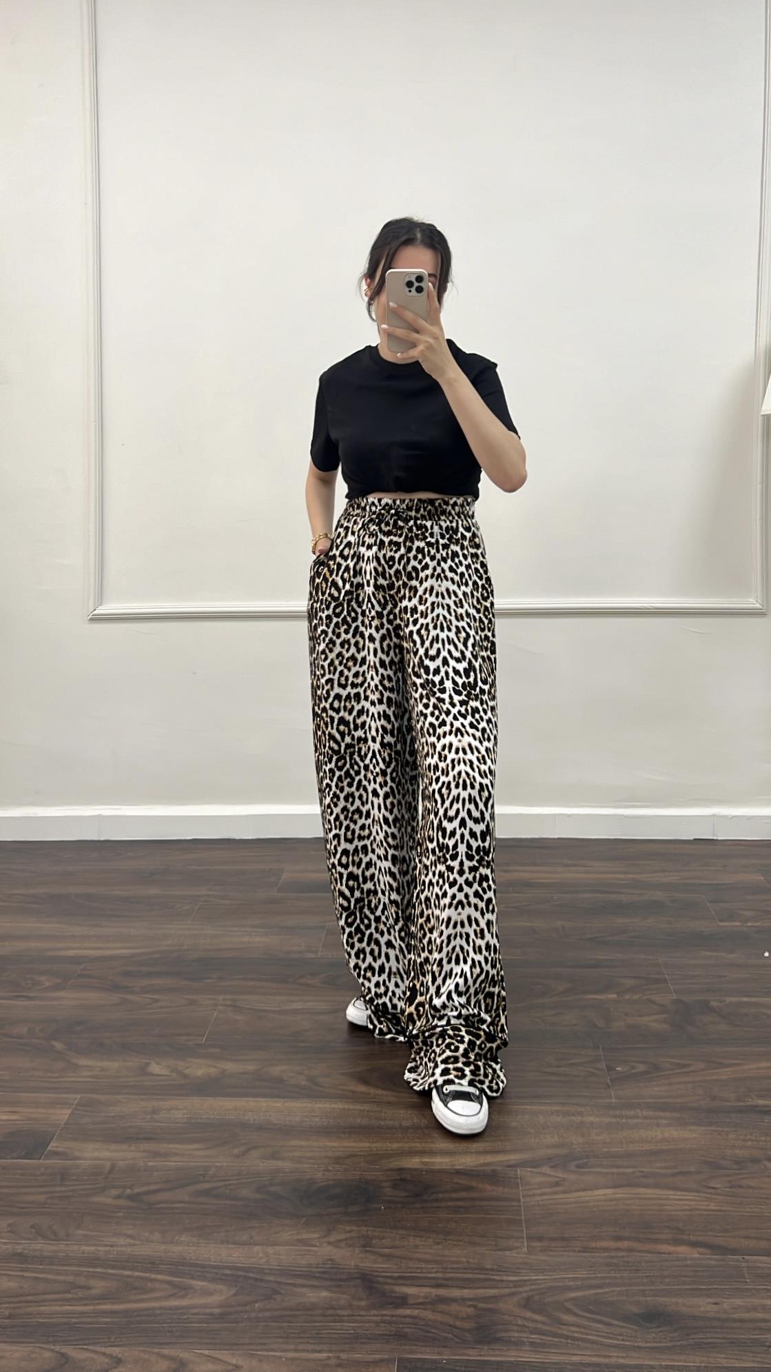 Dis Leopar Yüksek Bel Double Paça Pantolon