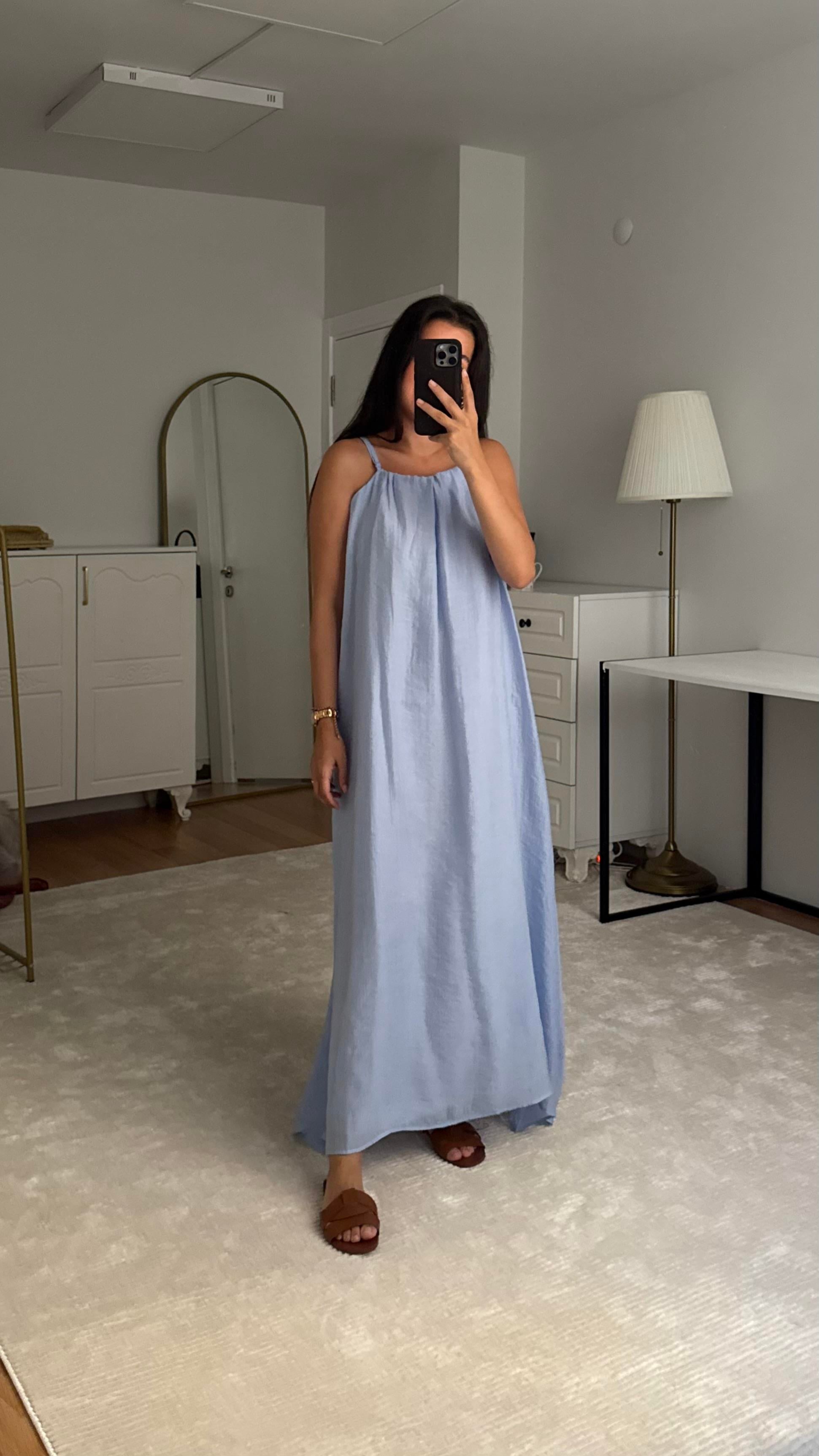 DK Mavi Şifon İp Askılı Elbise