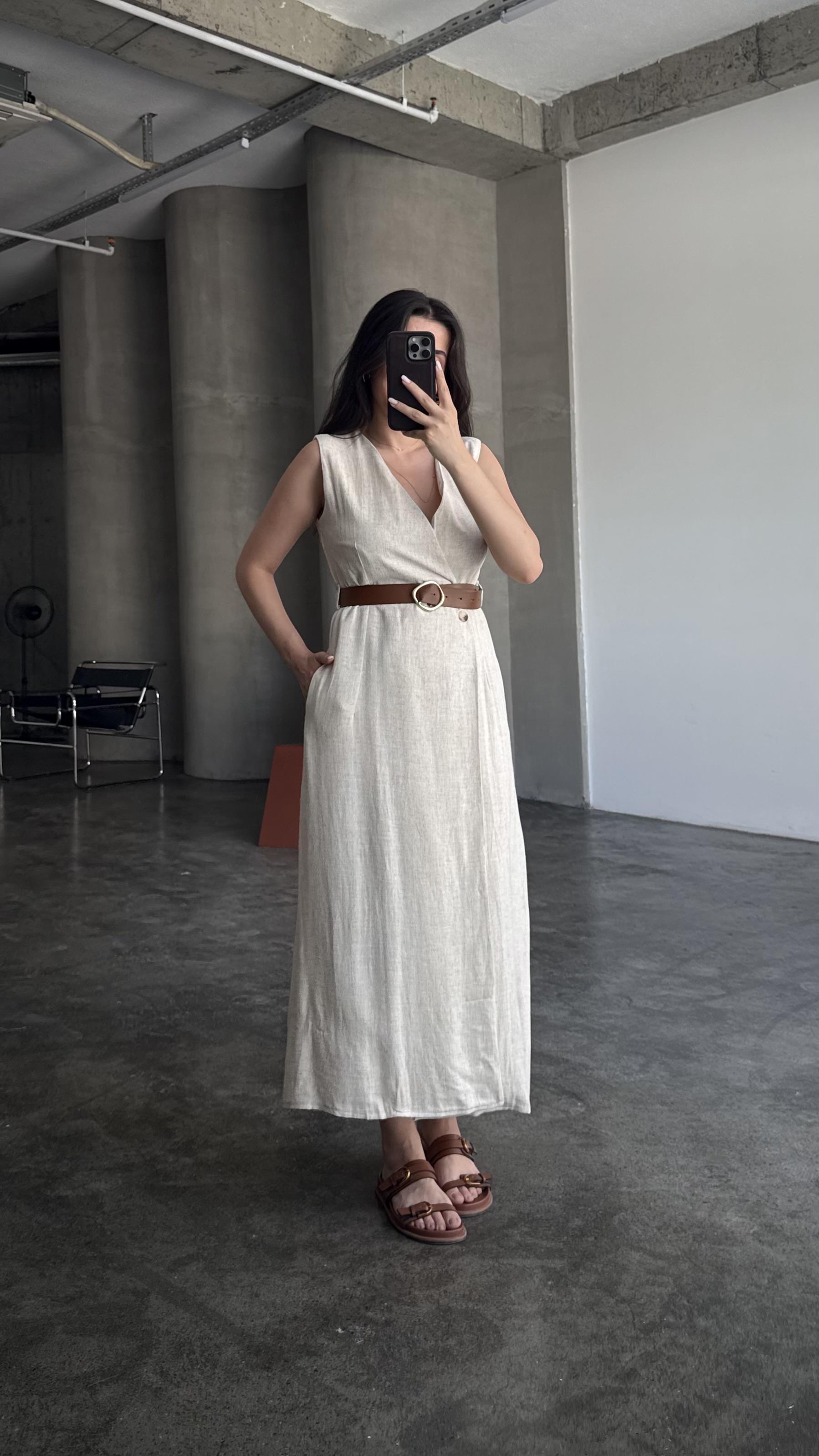 Dk Natural Keten Kemerli Midi Elbise