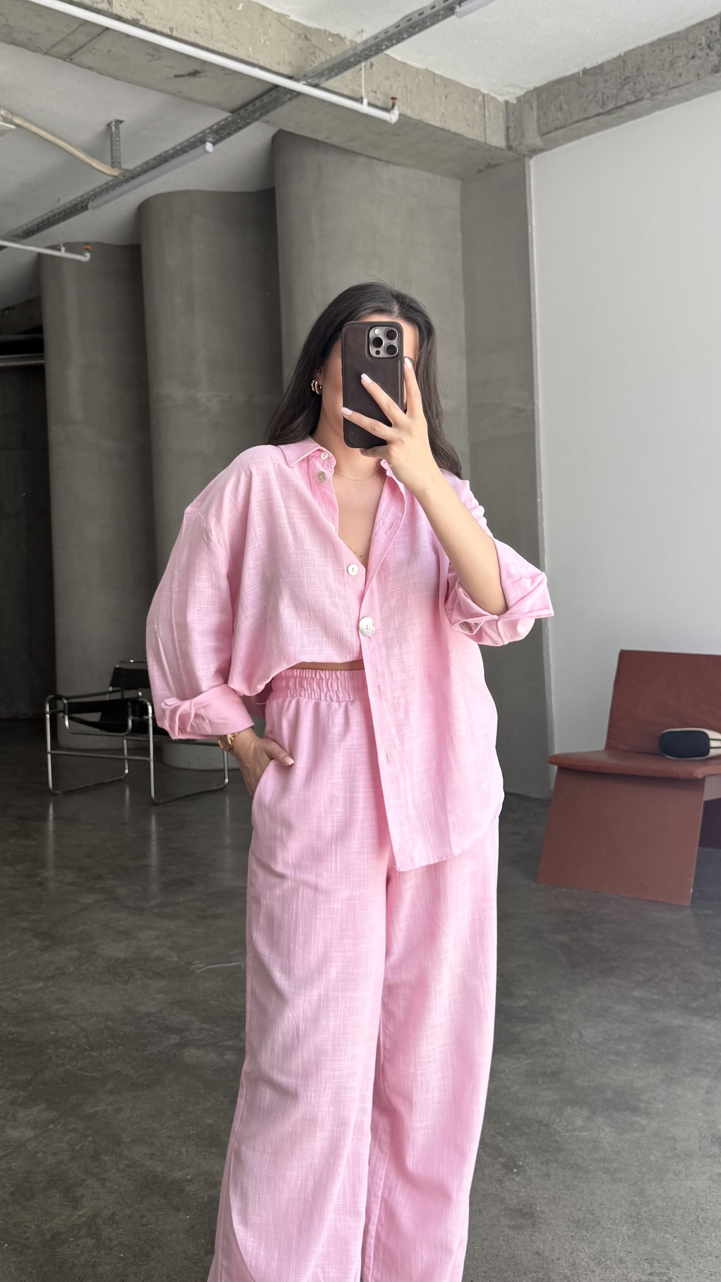 Dk Pembe Keten Kemik Düğmeli Gömlek