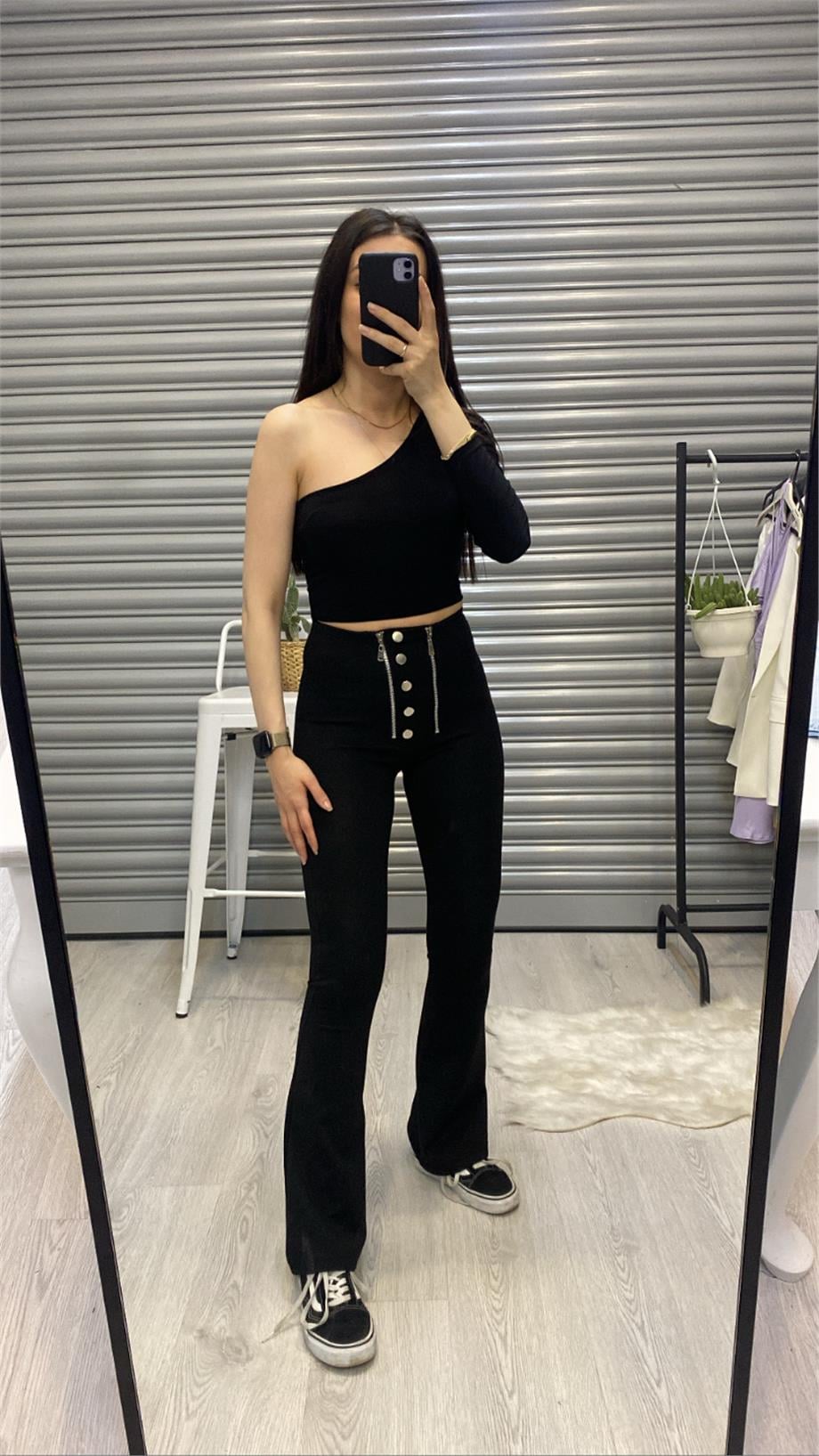 Düğme Detay İspanyol Tayt 