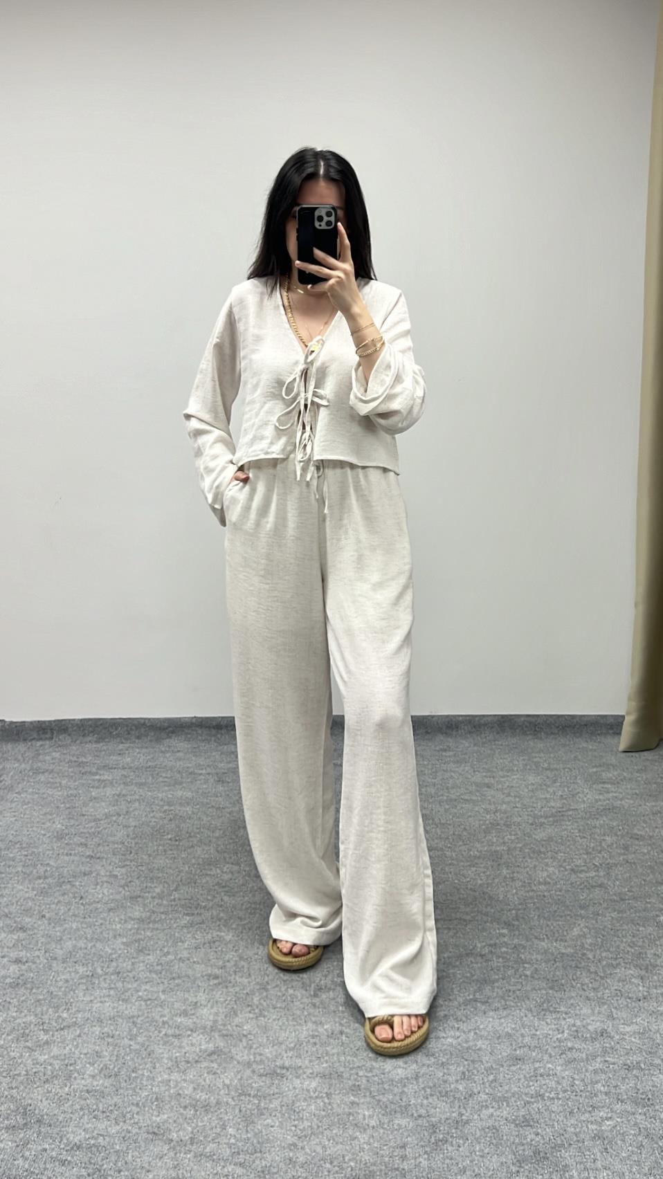 Duk Bağcıklı Bluz Pantolon Takım