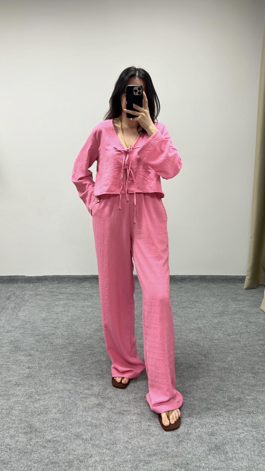 Duk Pembe Bağcıklı Bluz Pantolon Takım