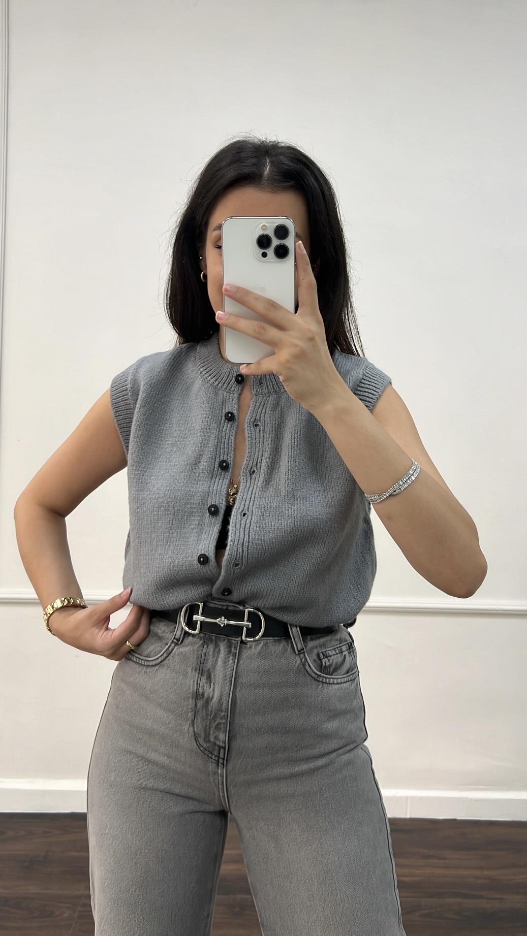 Duka Gri Triko Küçük Düğmeli Yelek