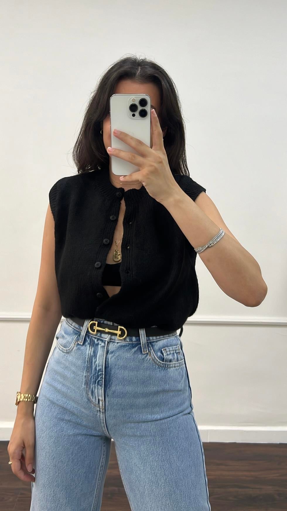 Duka Siyah Triko Küçük Düğmeli Yelek