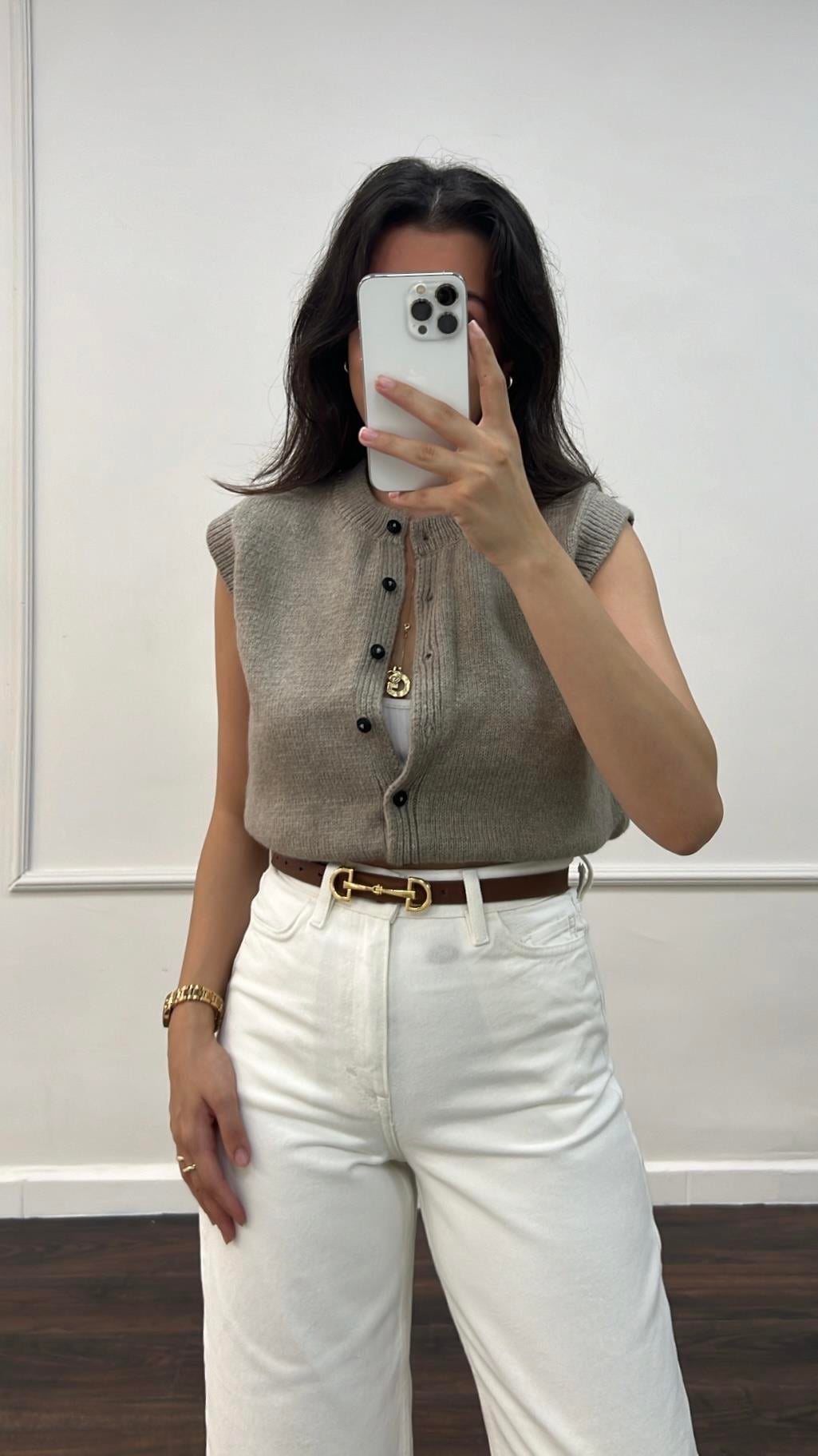 Duka Vizon Triko Küçük Düğmeli Yelek