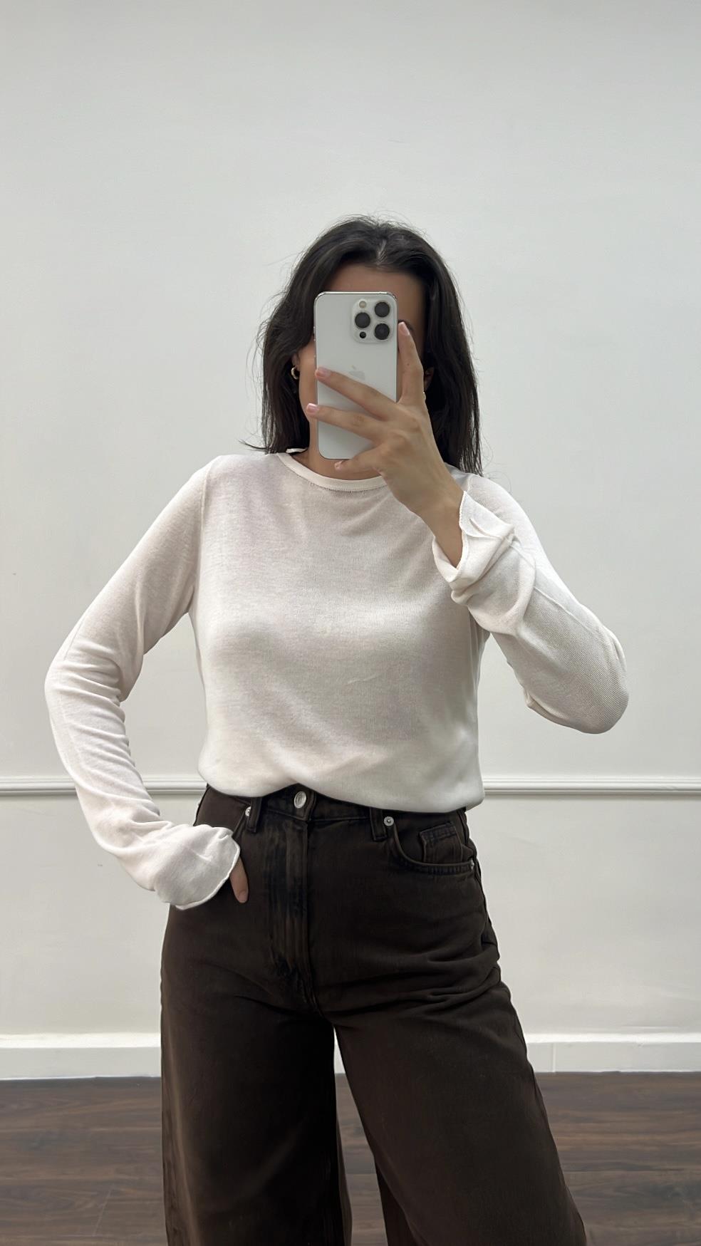 Ekru Bisiklet Yaka Transparan Uzun Kollu Triko