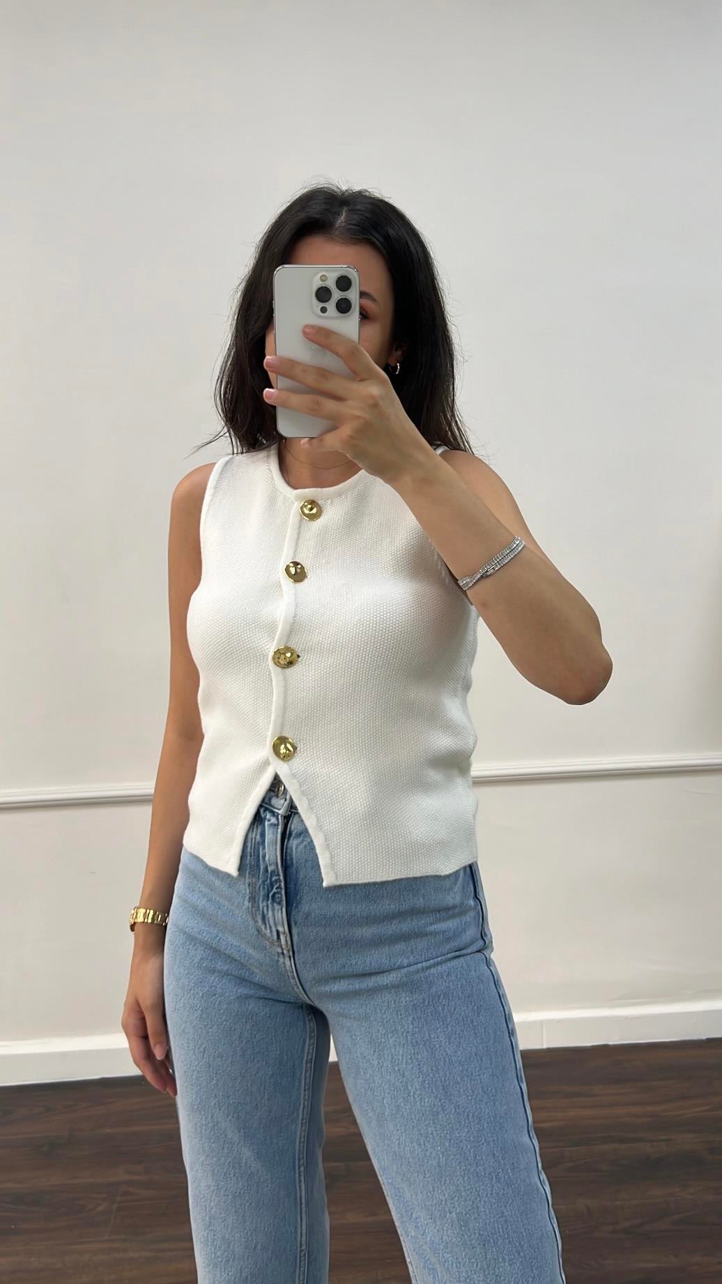 Ekru Düz Renk Triko Yelek