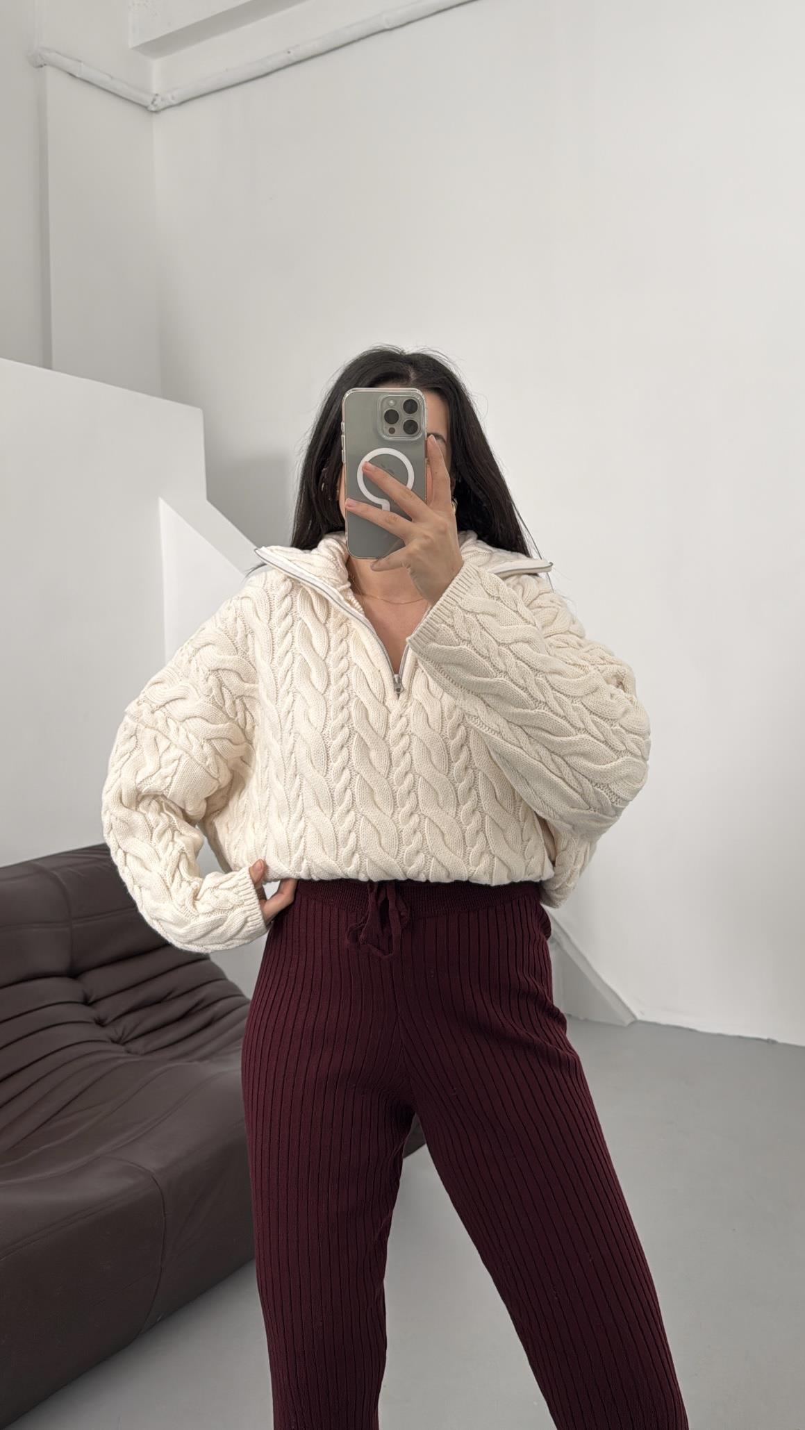 Ekru Fermuarlı Saç Örme Kazak