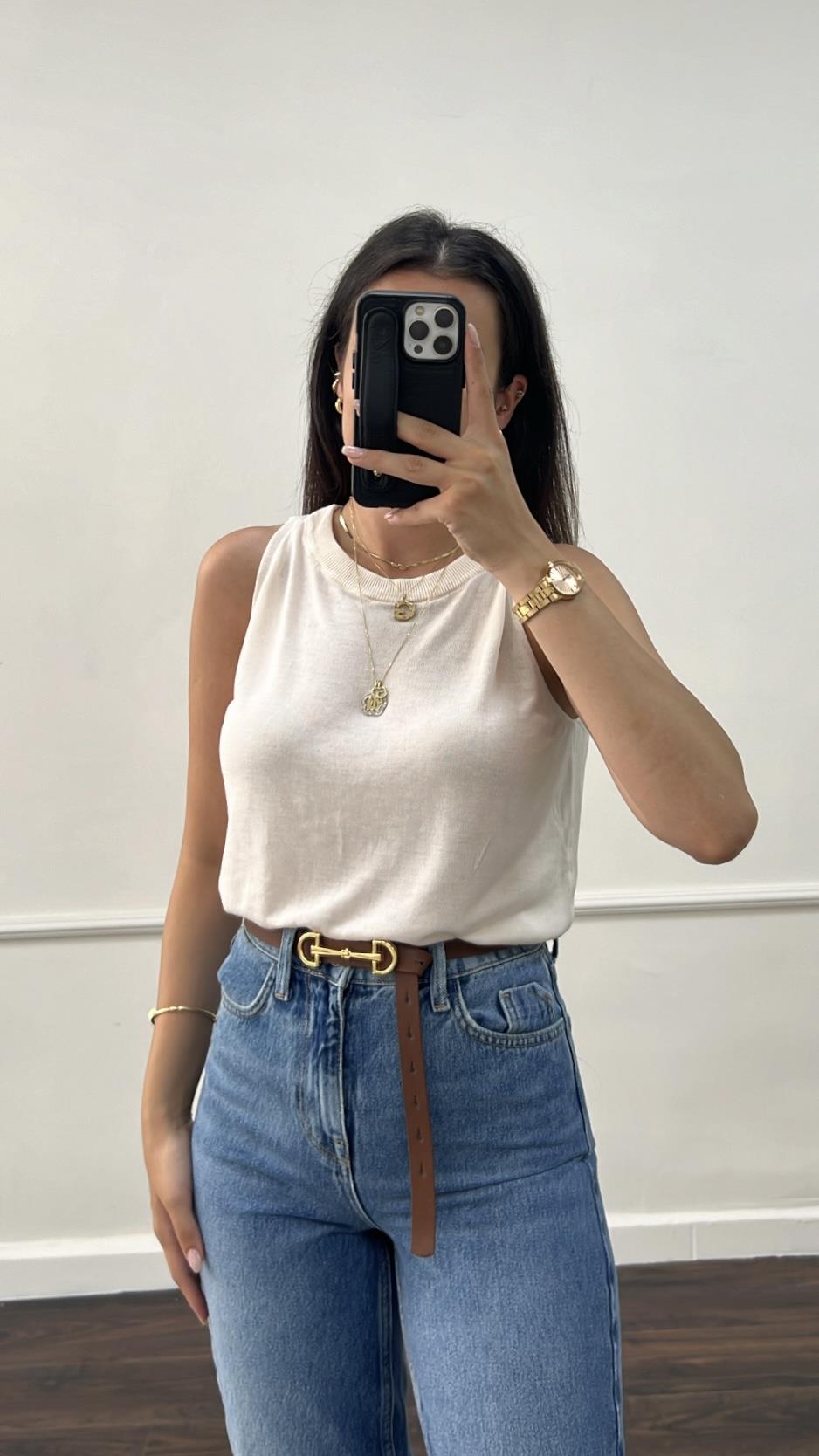 Ekru Örme %100 Viskon Halter Yaka Triko Bluz