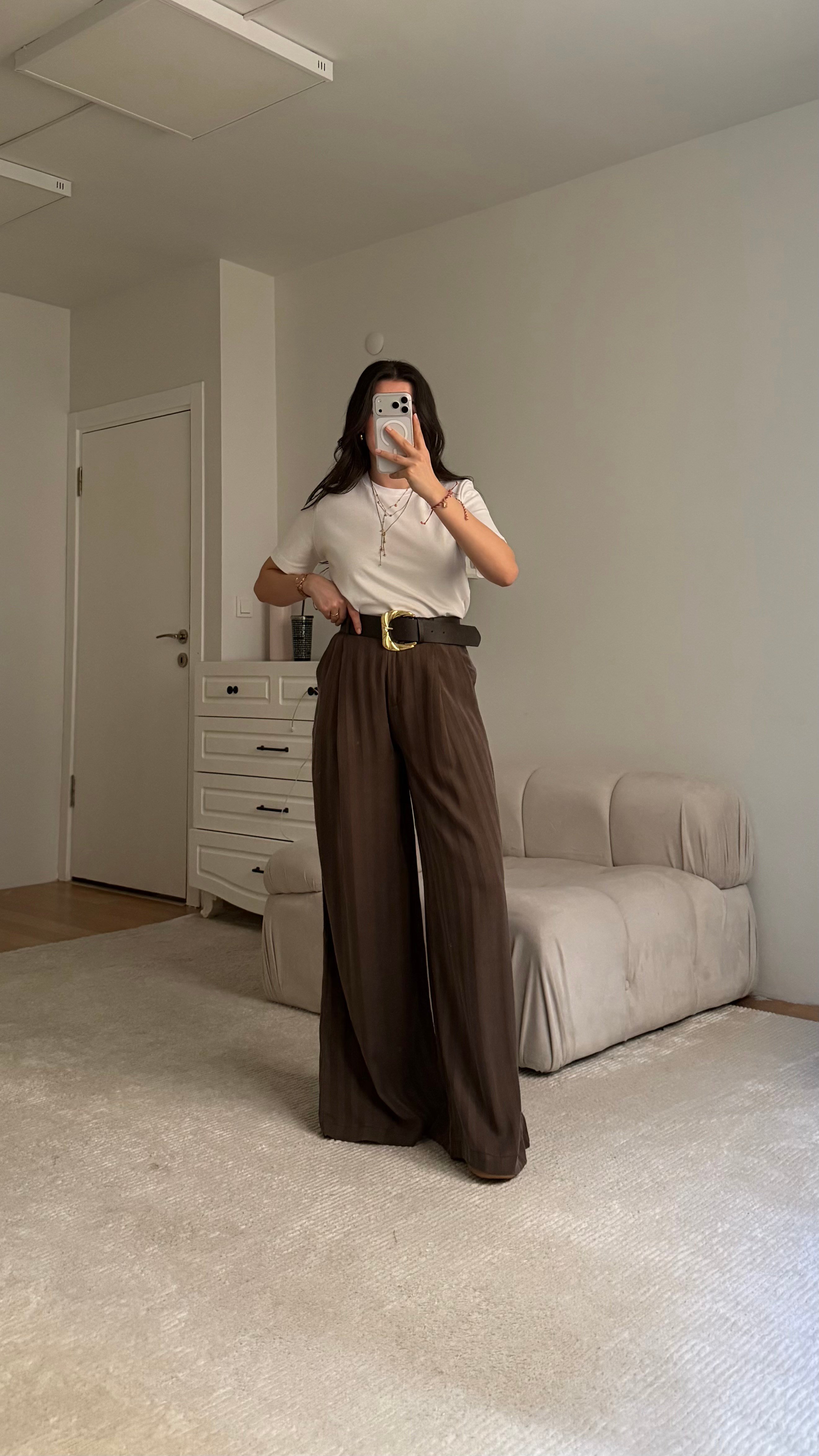 Elegant Kahve Çizgili Bol Paça Kemerli Pantolon