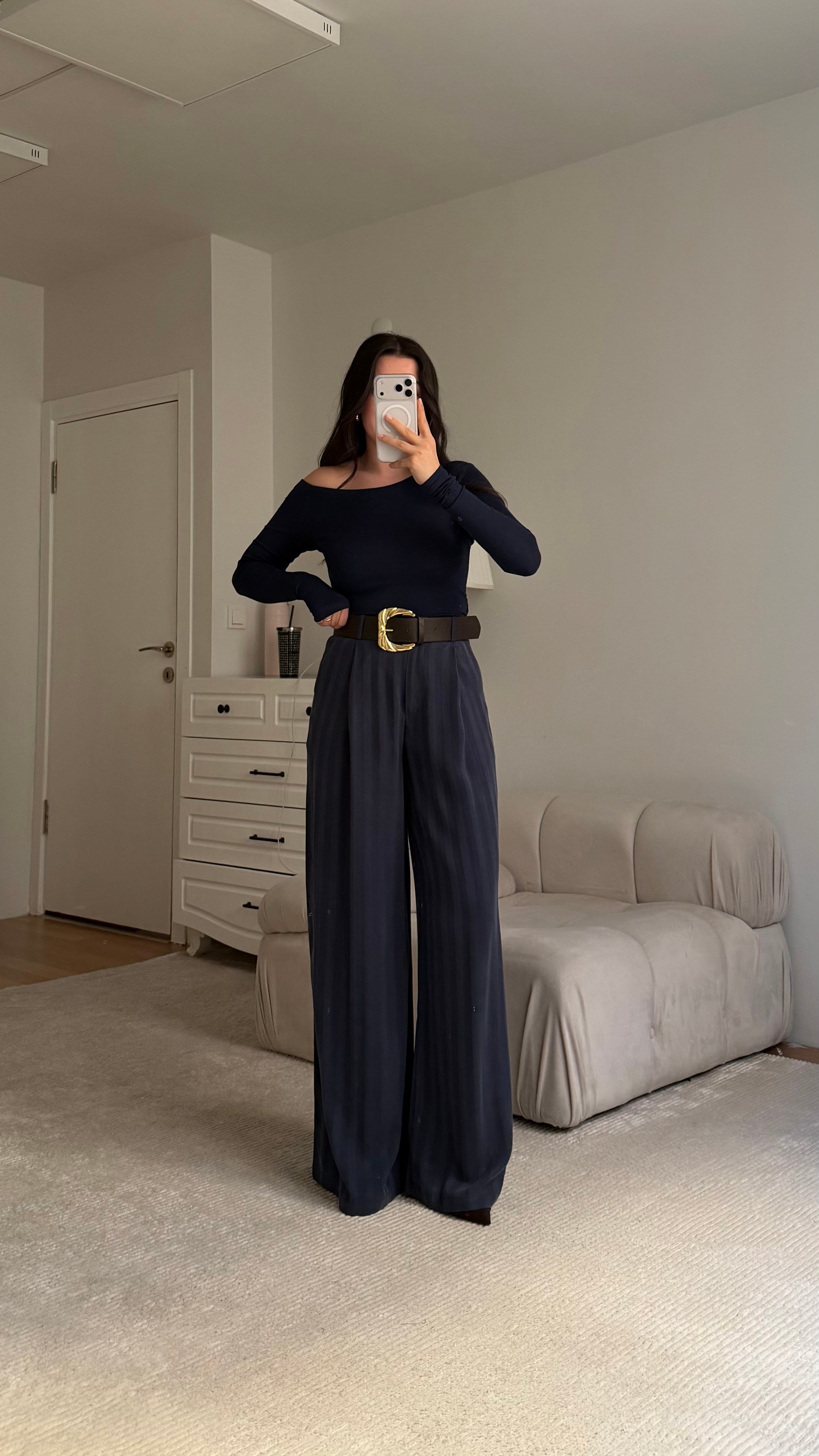 Elegant Lacivert Çizgili Bol Paça Kemerli Pantolon
