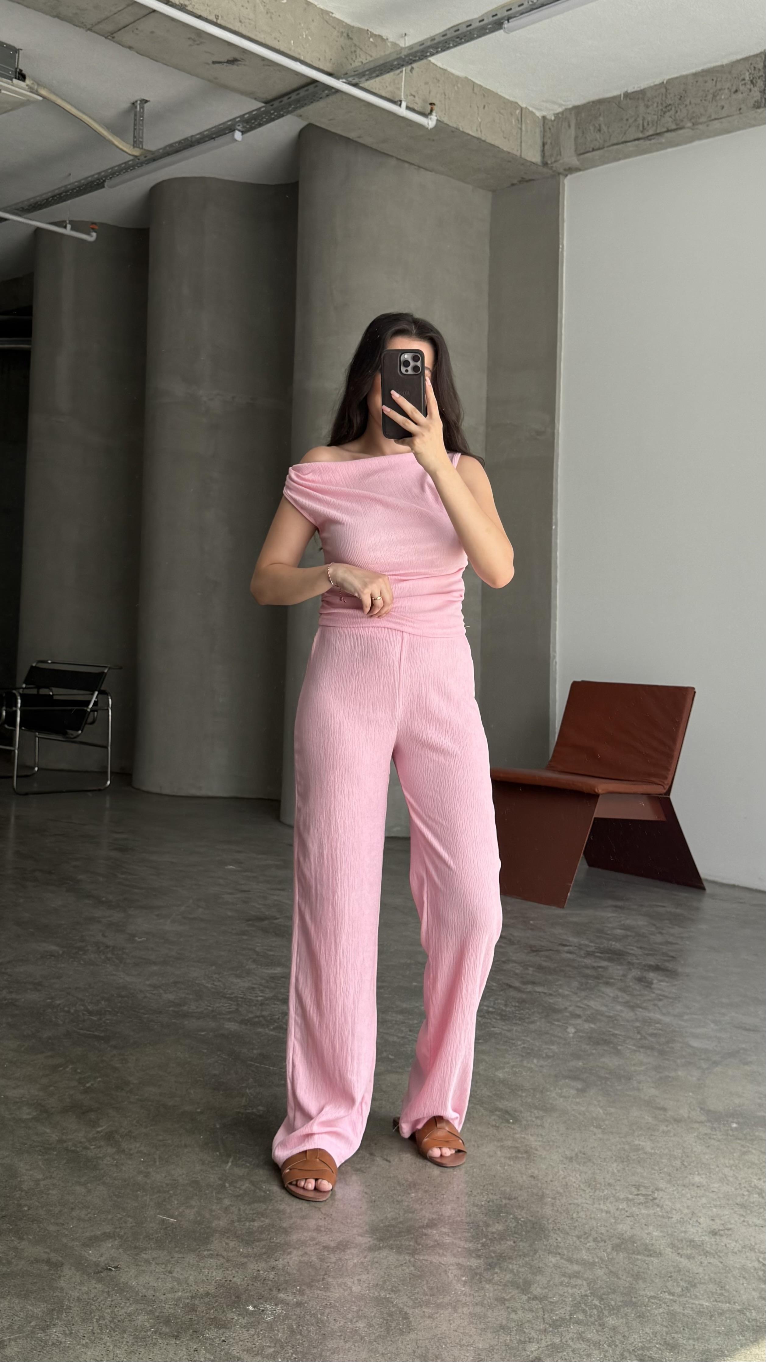 Elegant Pembe Yan Büzgülü Crop Takım