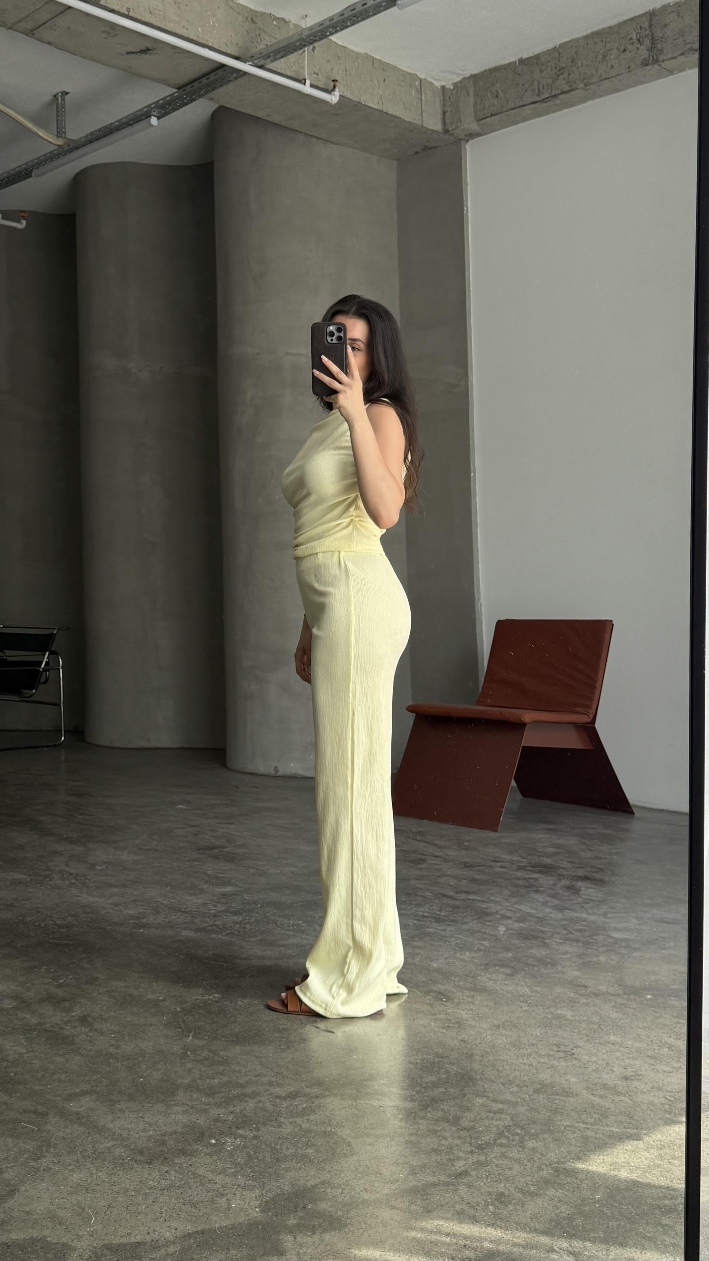 Elegant Sarı Yan Büzgülü Crop Takım