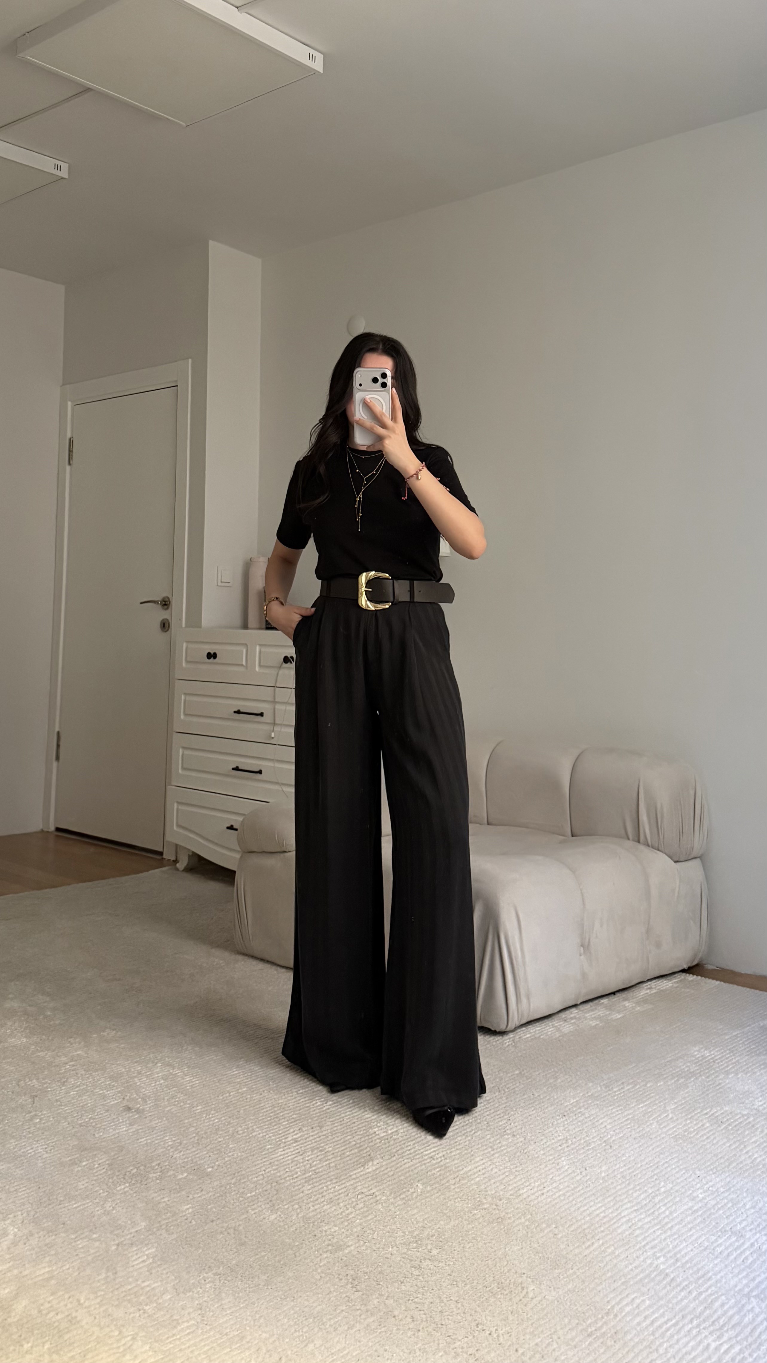 Elegant Siyah Çizgili Bol Paça Kemerli Pantolon 