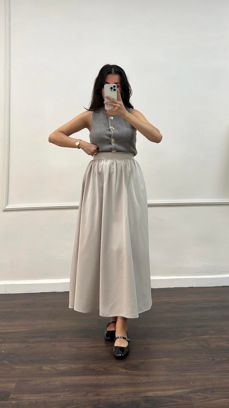 Elit Taş A Kesim Midi Poplin Etek