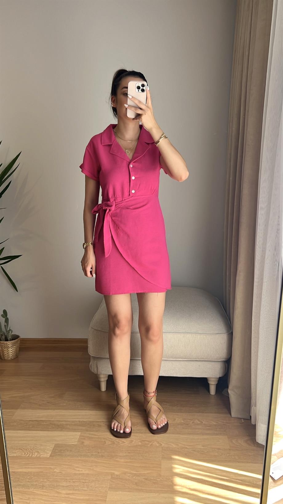 ETEK BAĞLAMA DETAY PEMBE ELBİSE