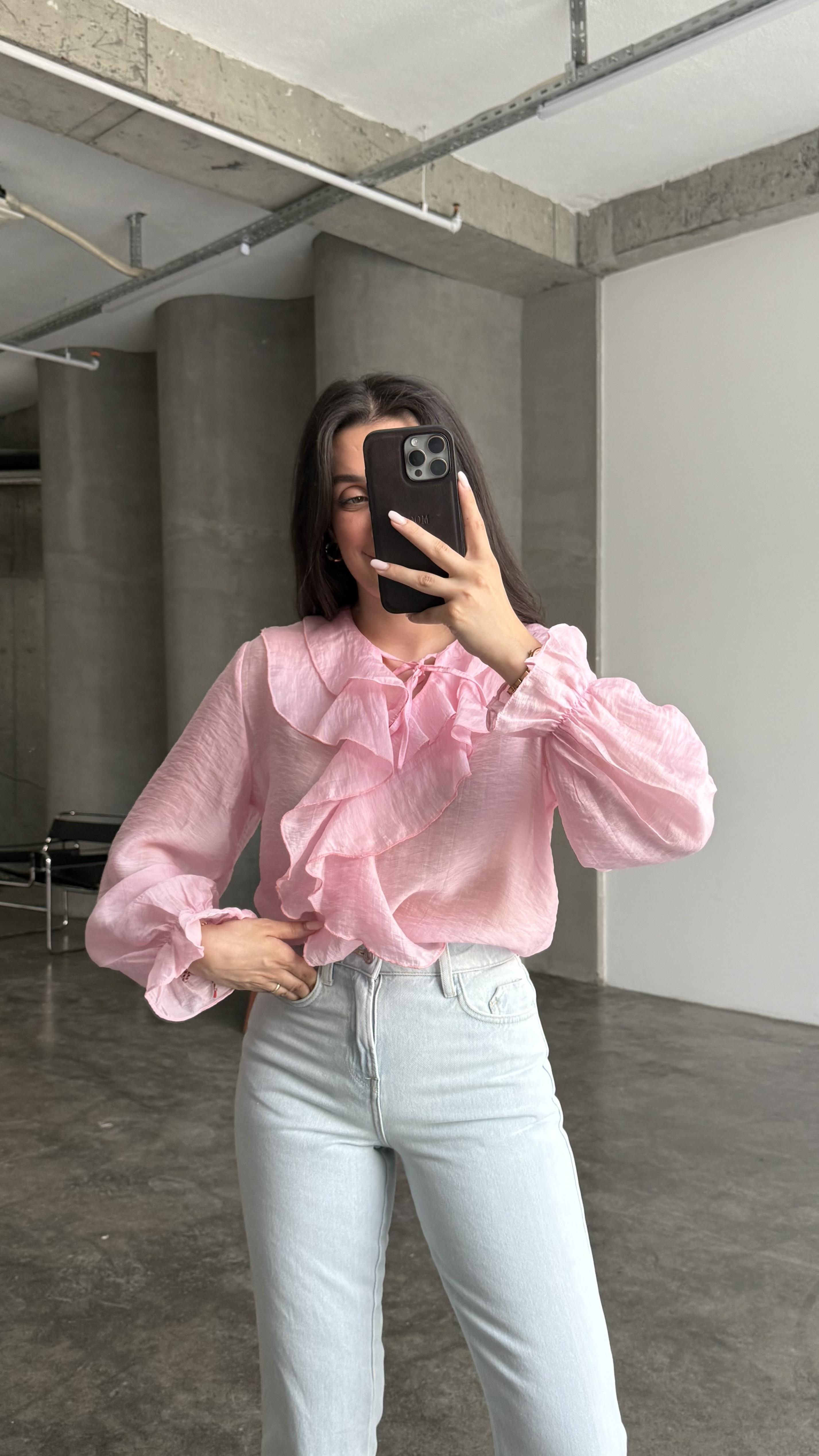 FAV Pembe Fırfırlı Tensel Gömlek