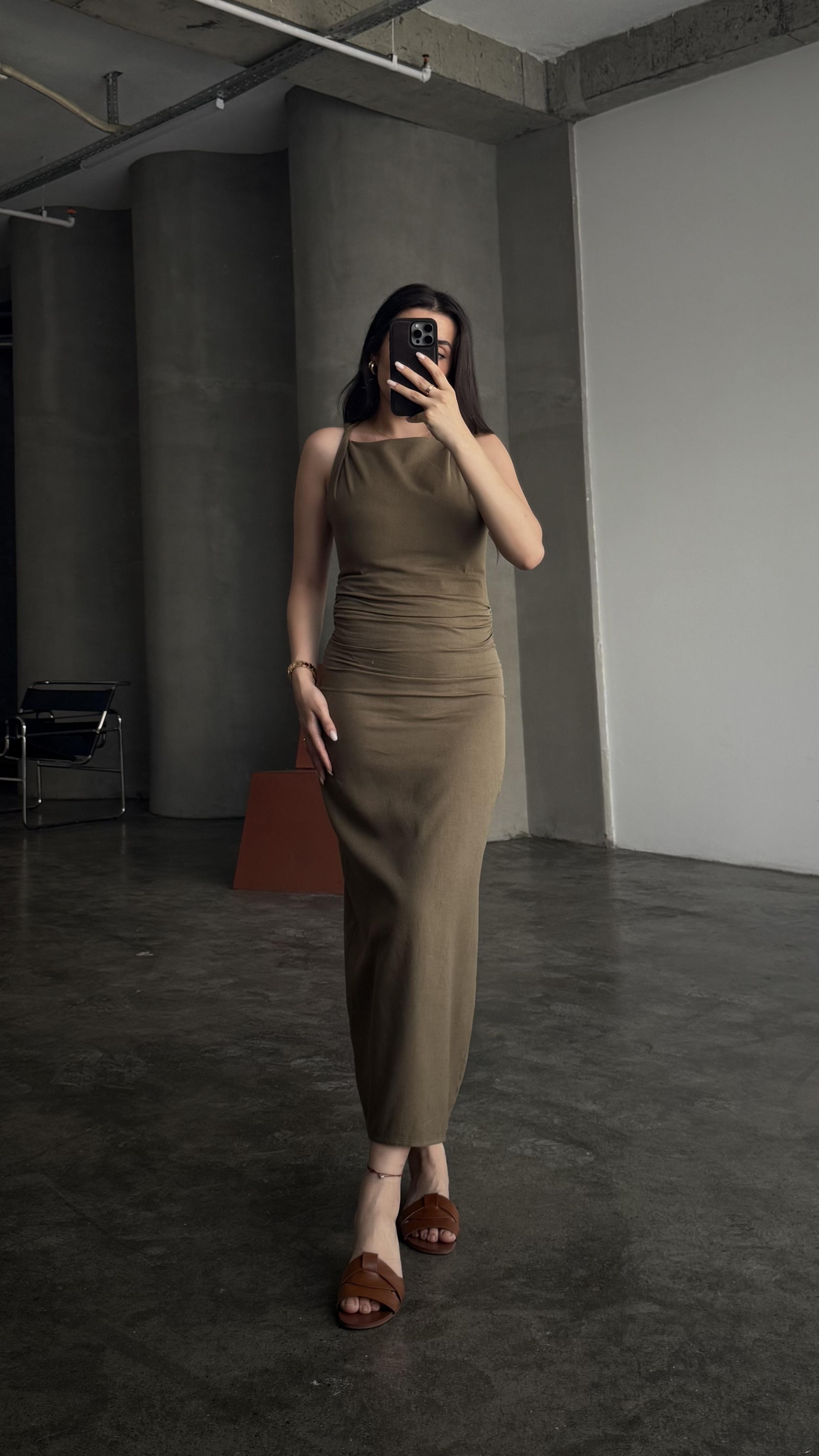 FOW Haki Omuz Detaylı Ham Keten Midi Elbise