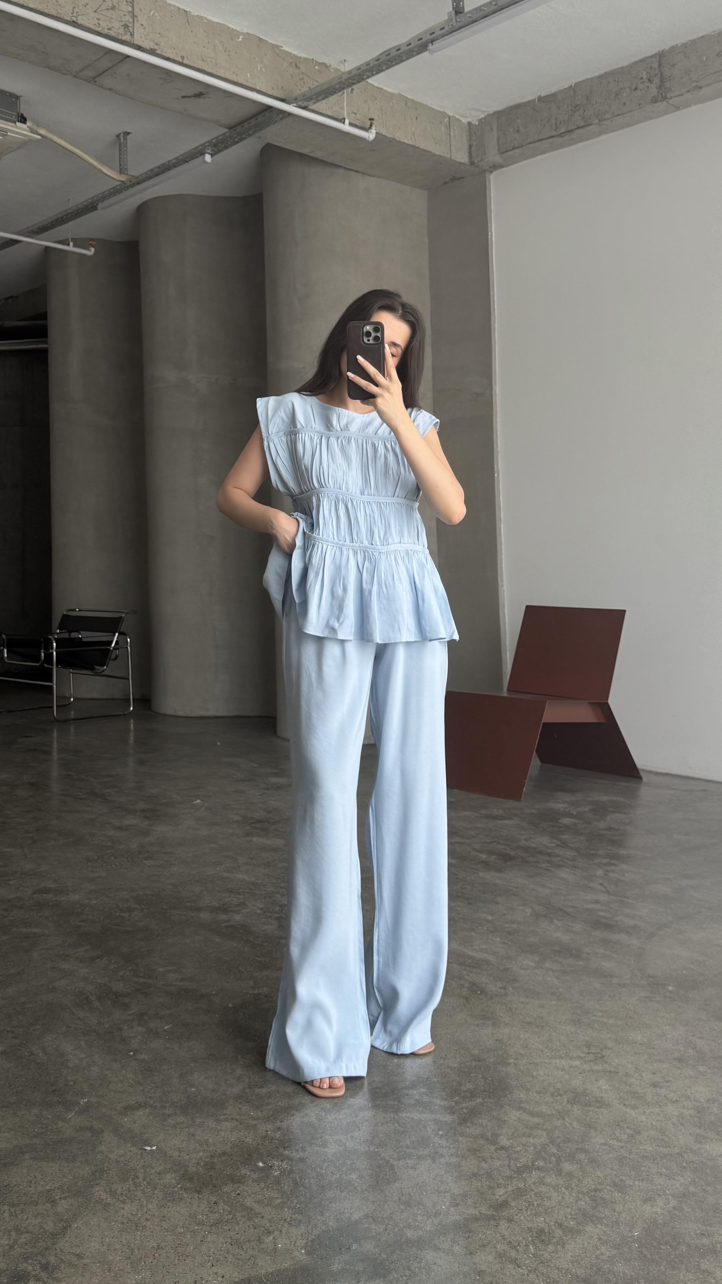 FOW Mavi Tensel Nervürlü Bluz Pantolon Takım