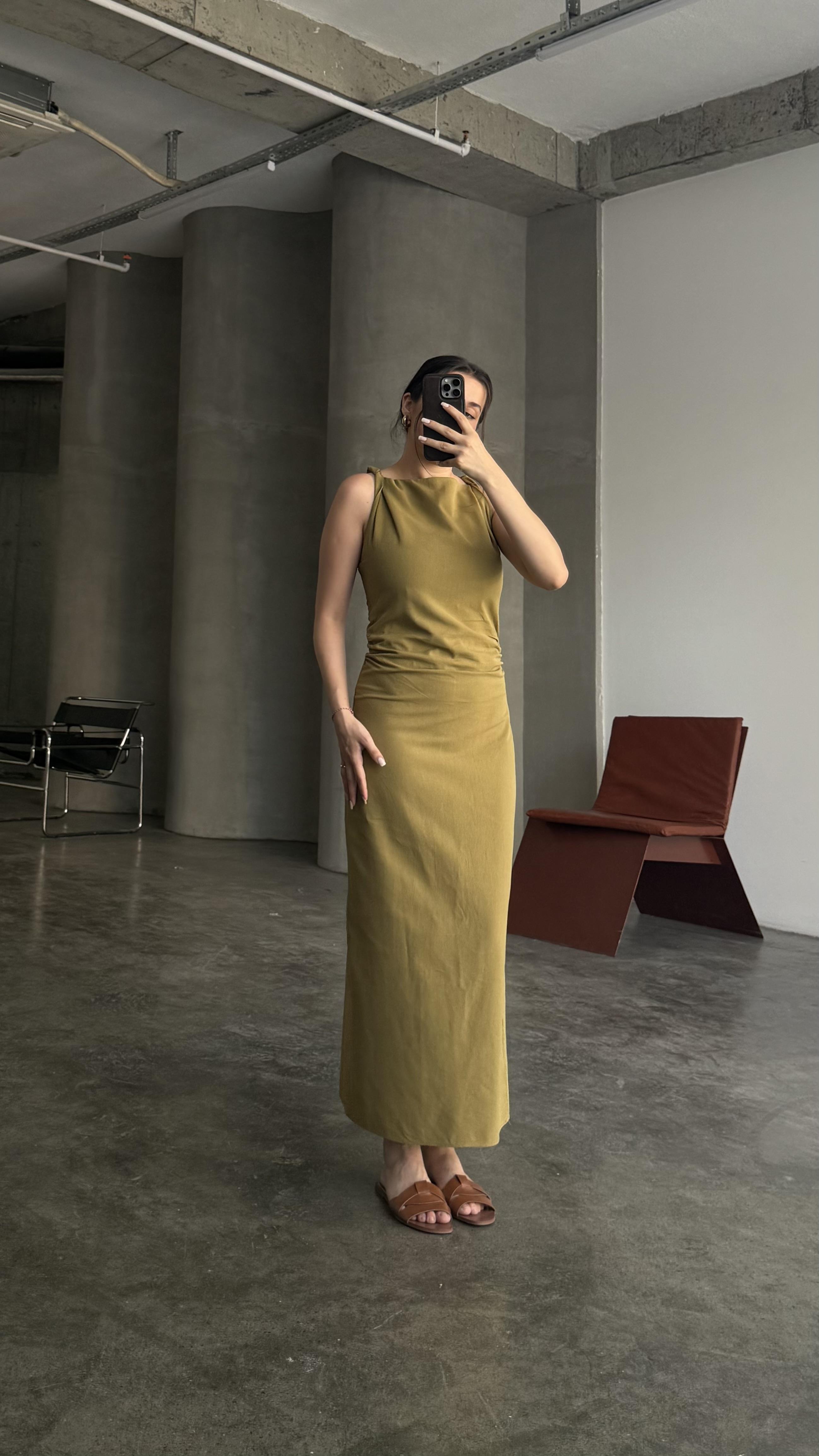 Fow Olive Omuz Detaylı Ham Keten Midi Elbise