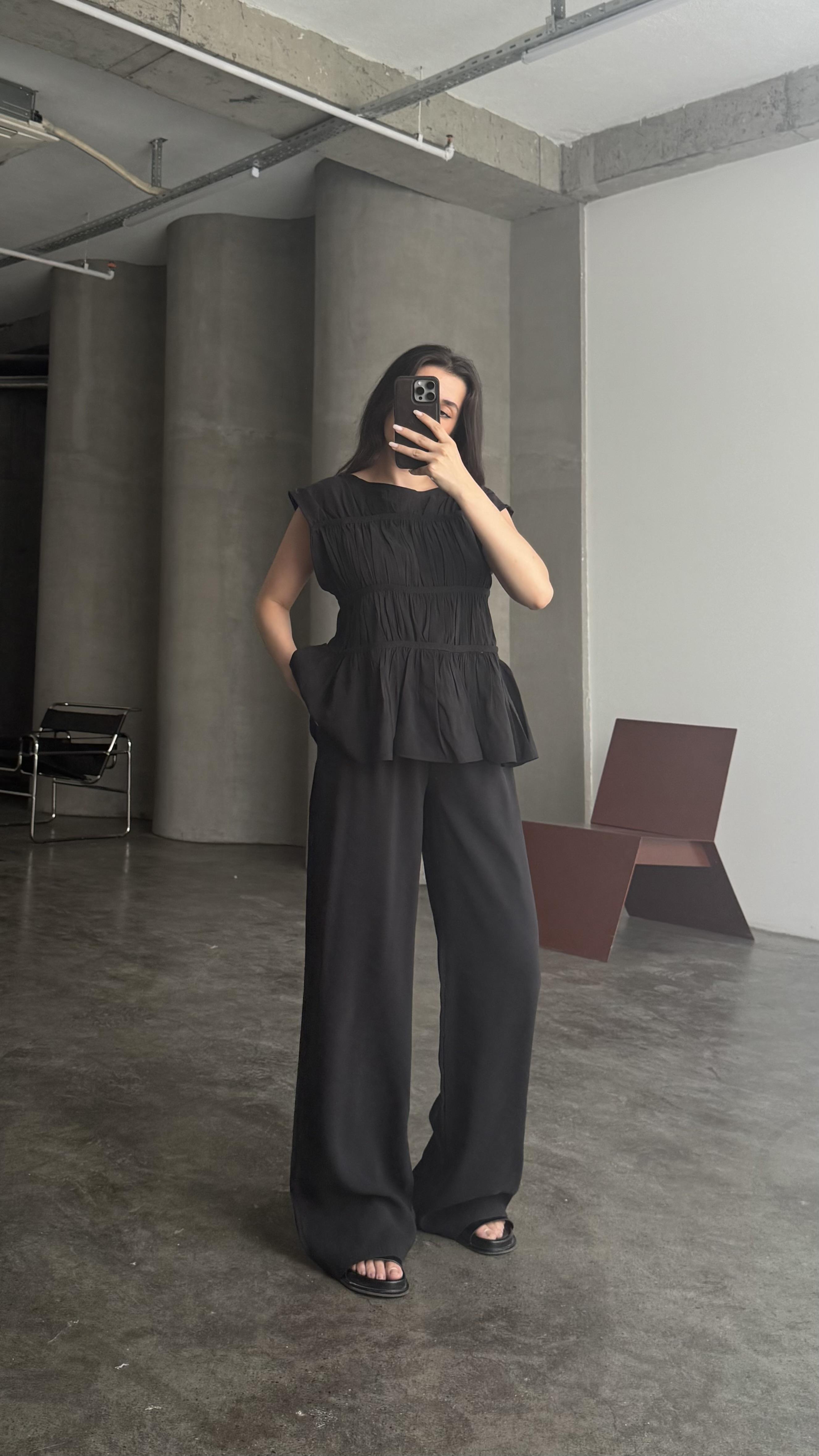 FOW Siyah Tensel Nervürlü Bluz Pantolon Takım