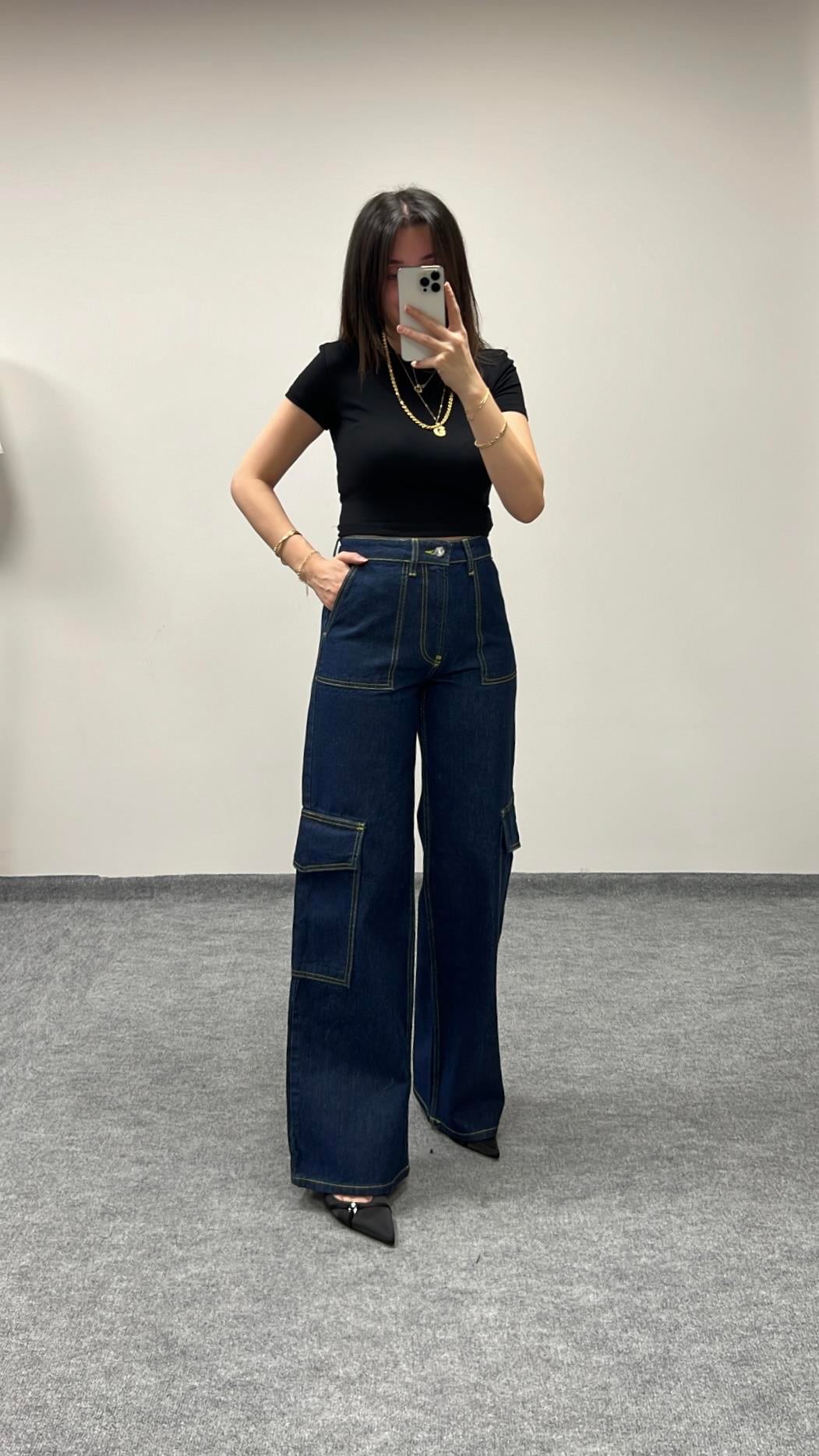 GIN YÜKSEK BEL LACİ KARGO PANTOLON JEAN 