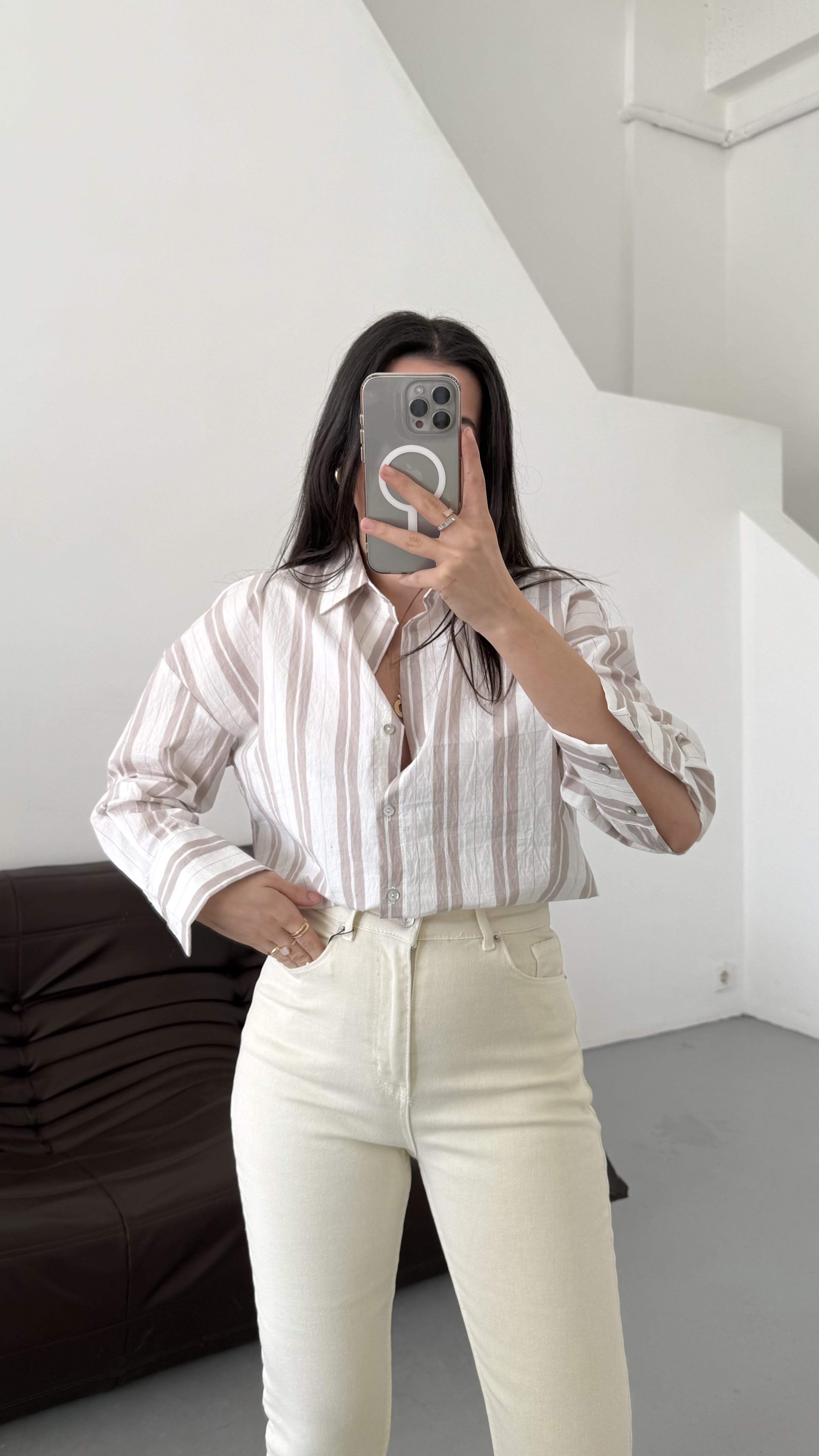 Go Bej Kahve Çizgili Gömlek