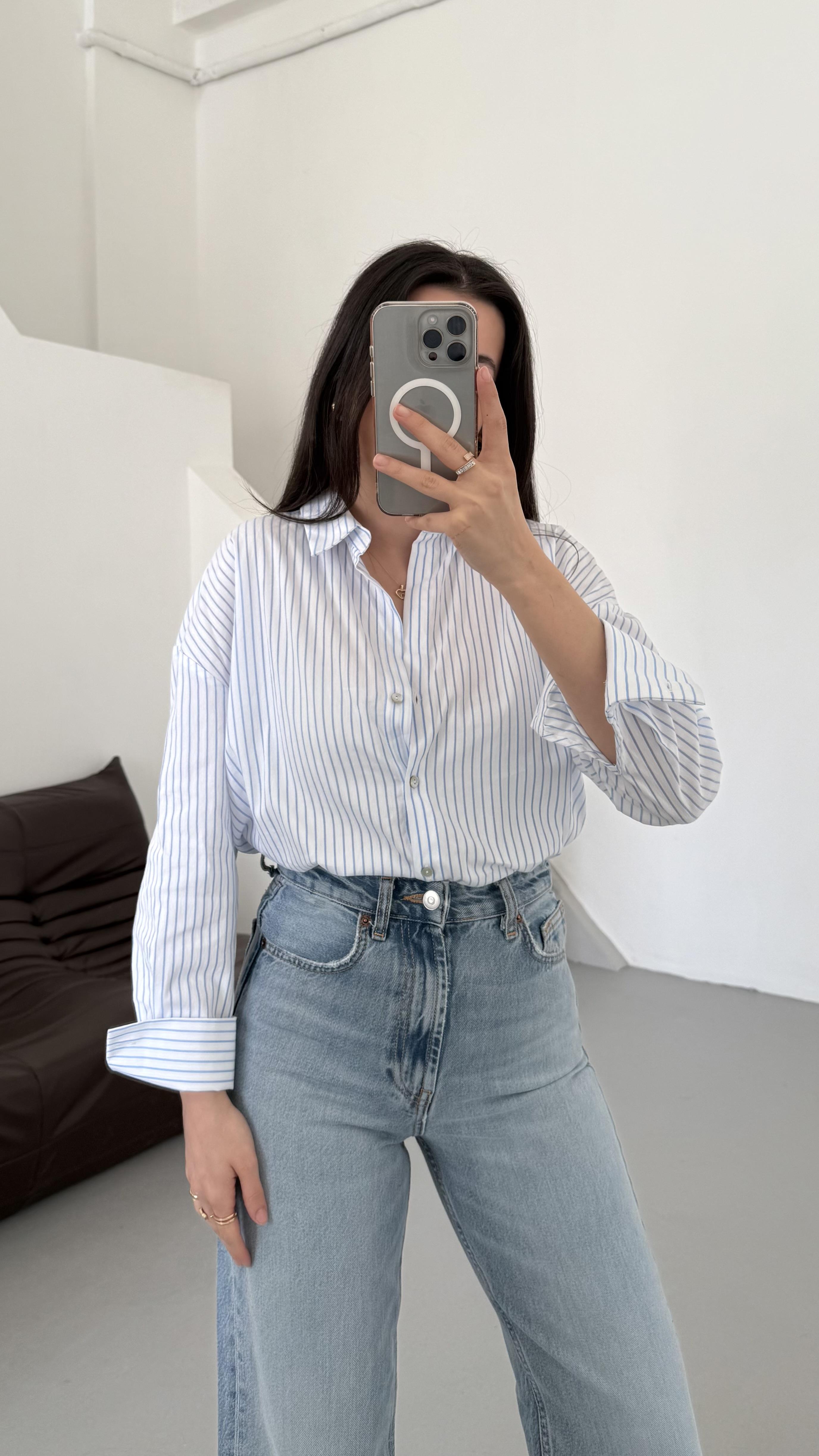 Go Beyaz Mavi Çizgili Gömlek