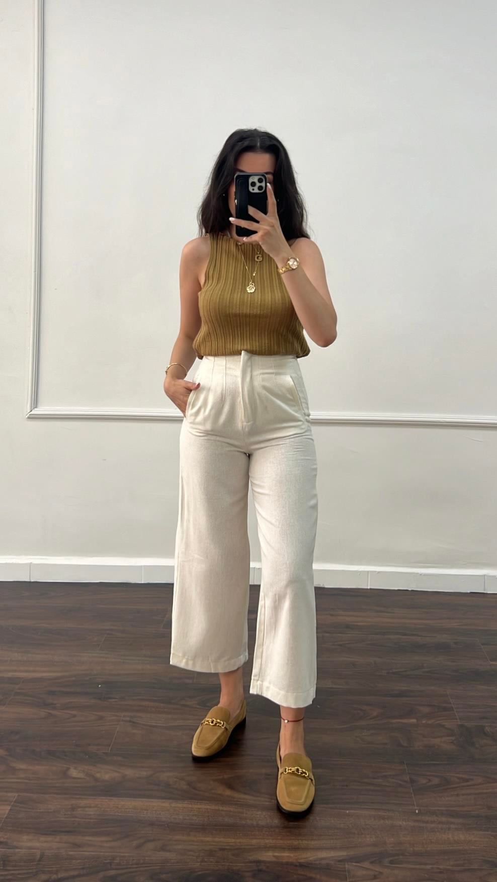 Go Dokulu Keten Crop Pantolon