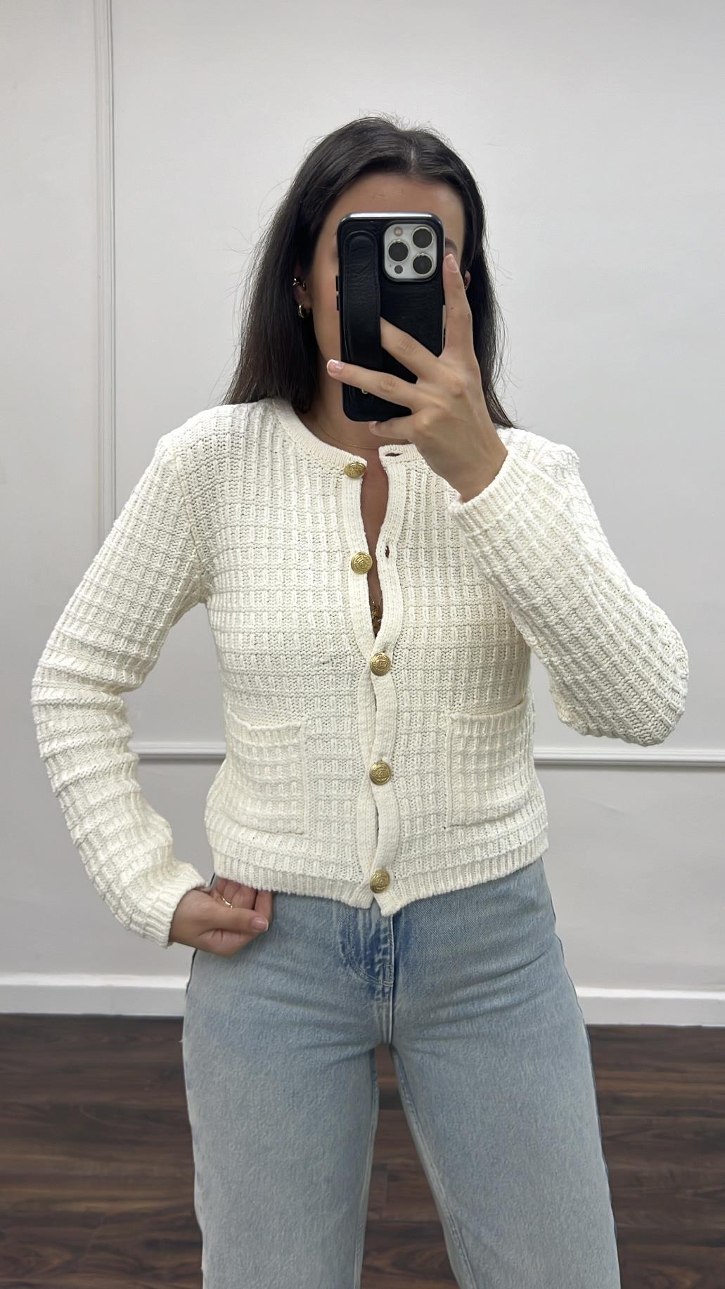 Go Ekru Dore Düğmeli Triko Ceket/Hırka