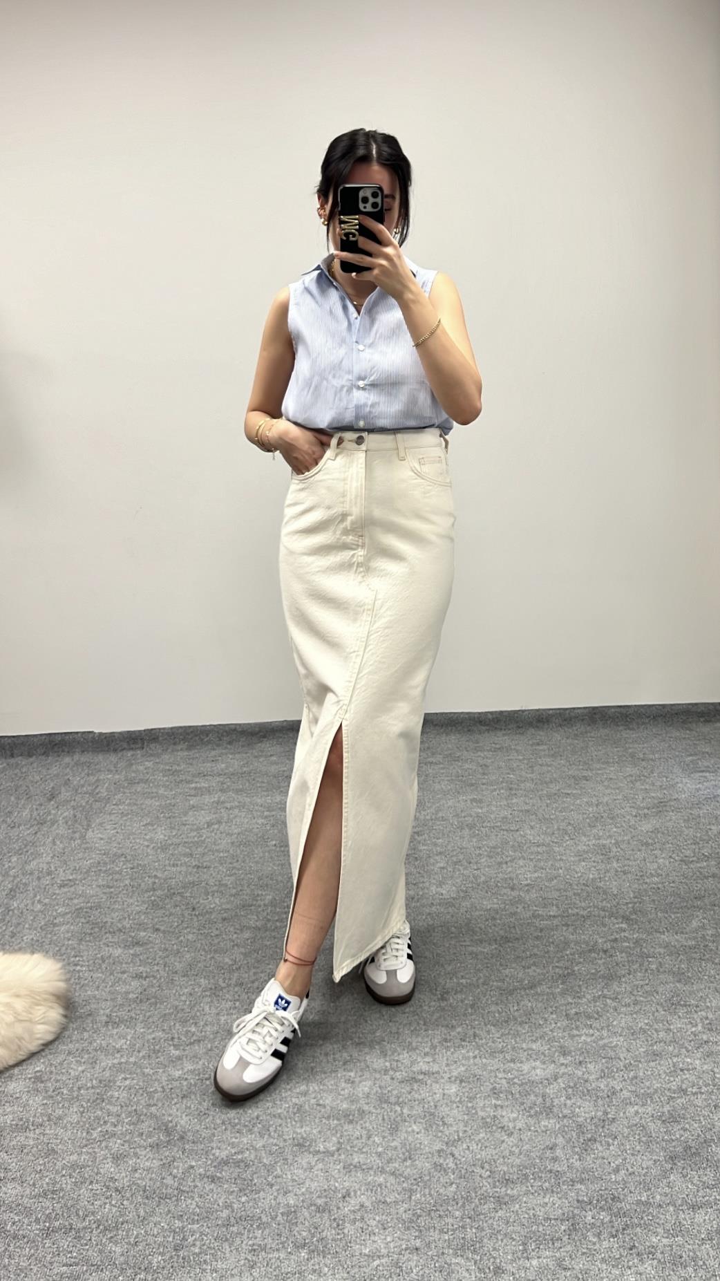 GO EKRU UZUN DENİM ETEK 