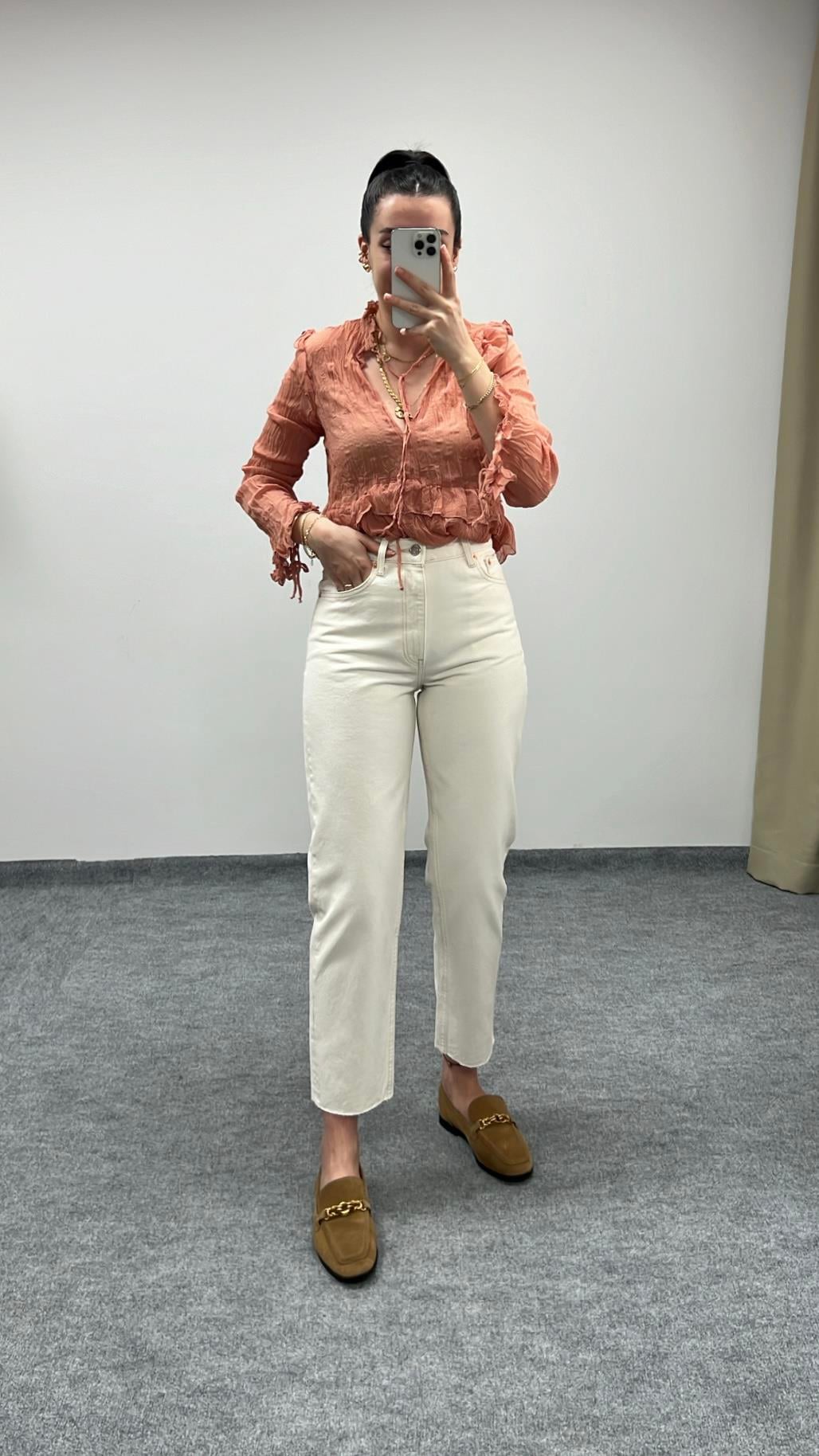 GO EKRU YÜKSEK BEL LAZER KESİM MOM FIT JEAN