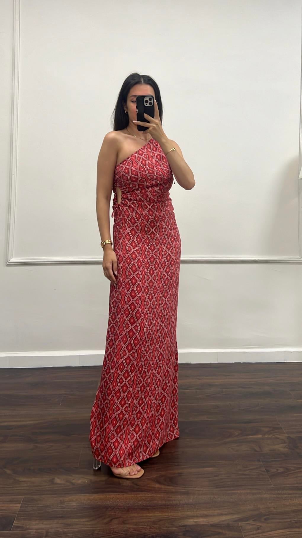 Go Etnik Desenli Tek Omuz Maxi Elbise