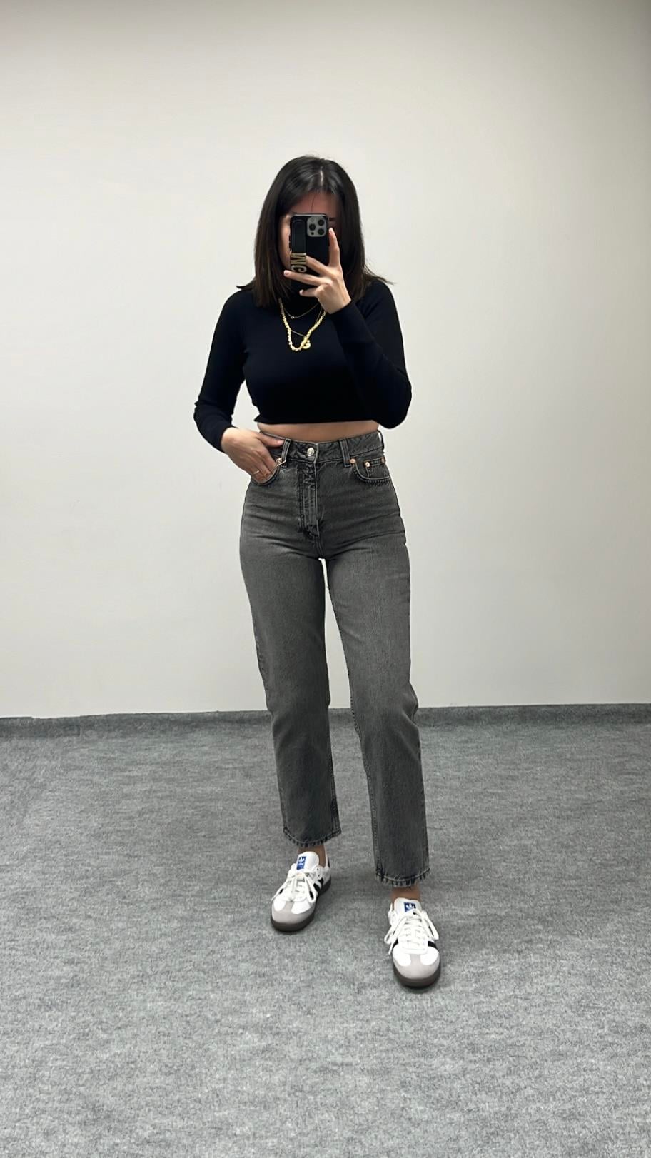 GO GRİ YÜKSEK BEL MOM FIT JEAN