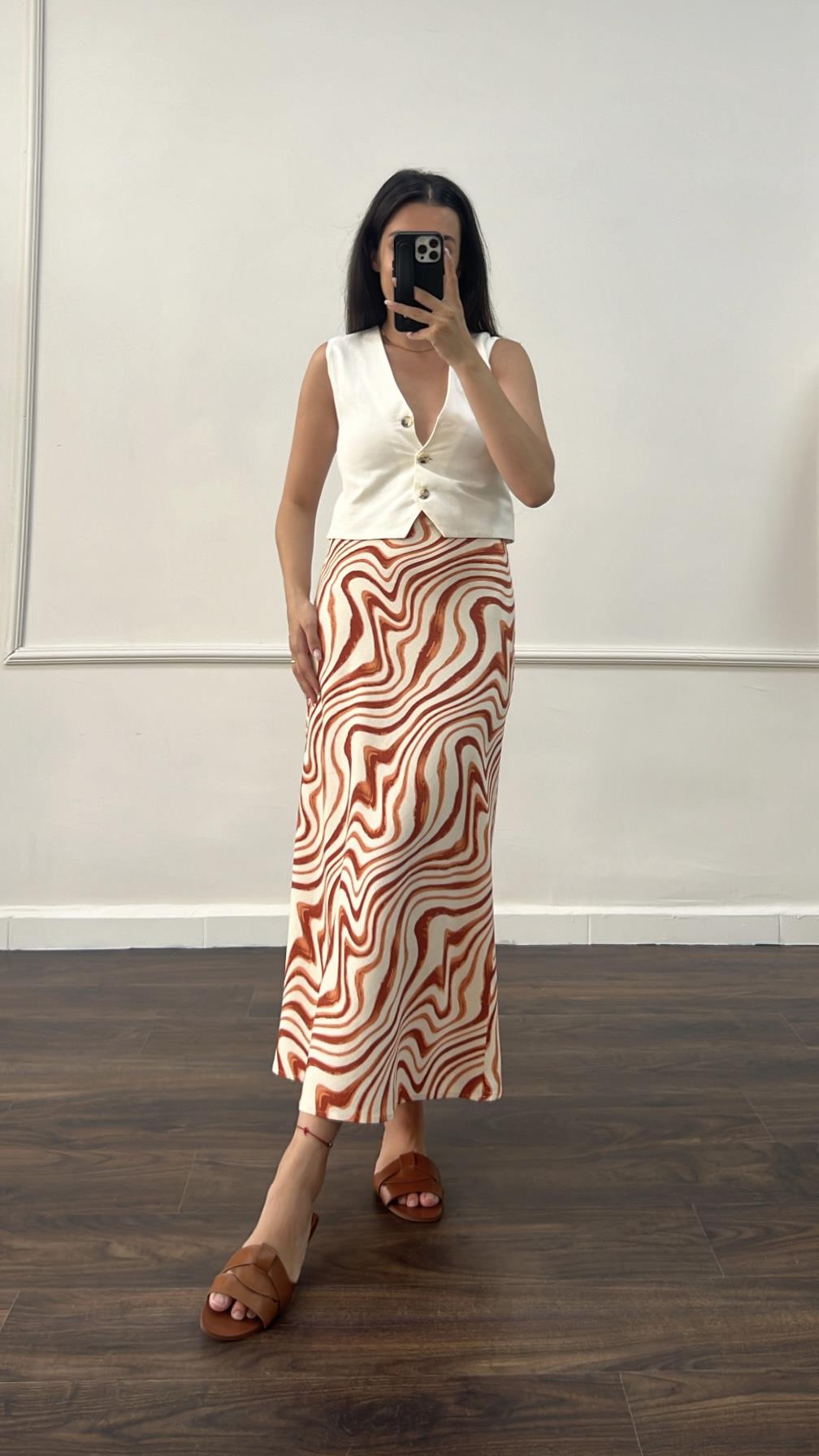 Go Ham Keten Desenli Midi Etek