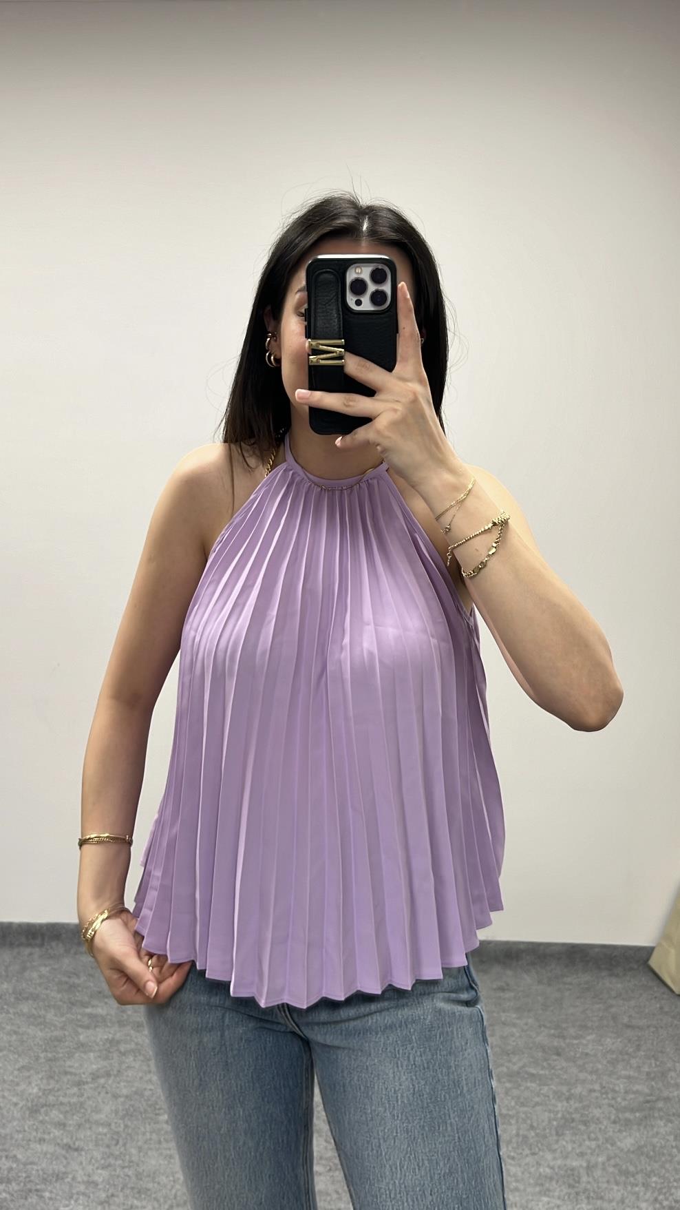 Go Lila Halter Yaka Pilili Bluz