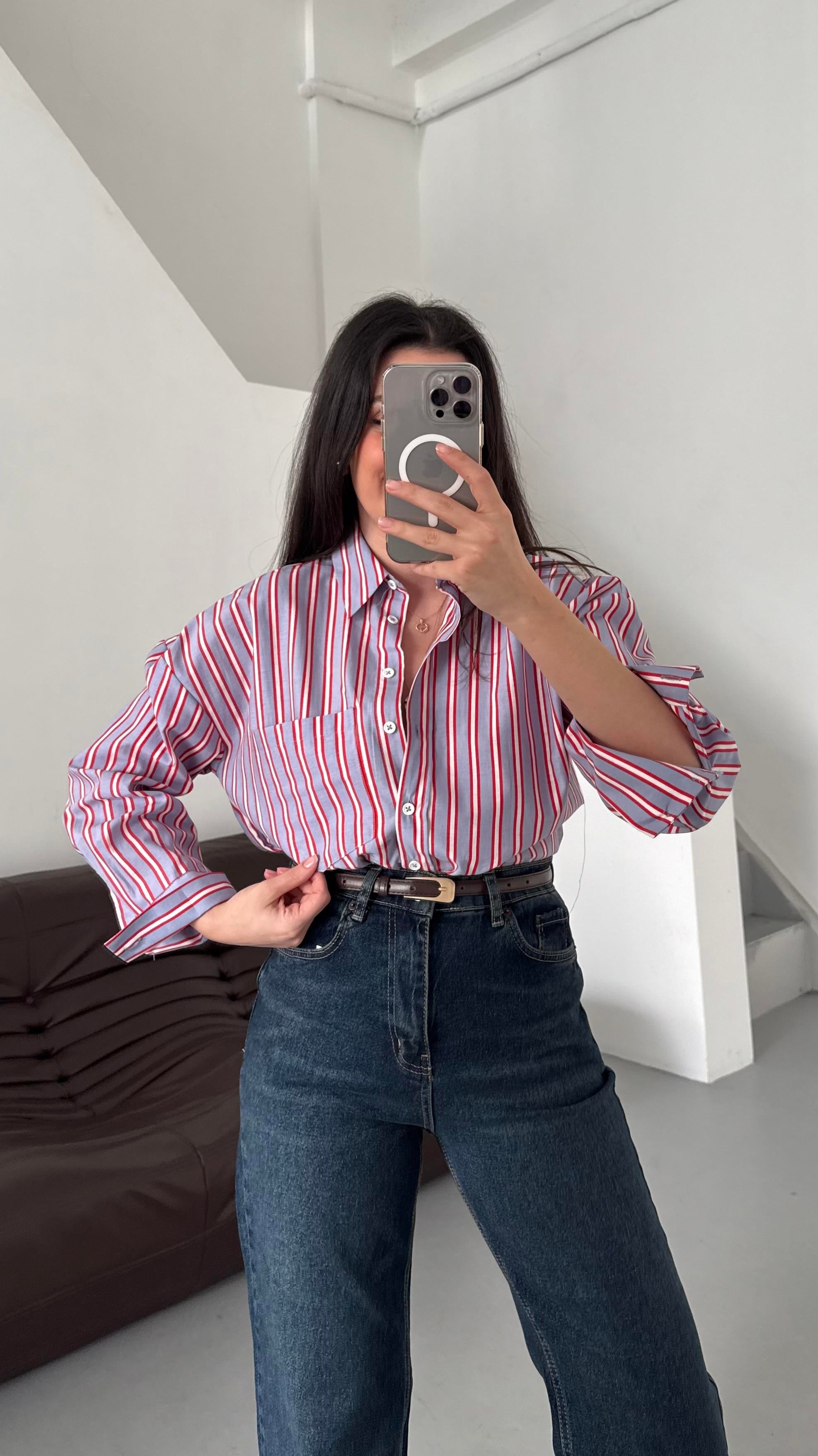 Go Lila Kırmızı Çizgi Detaylı Gömlek